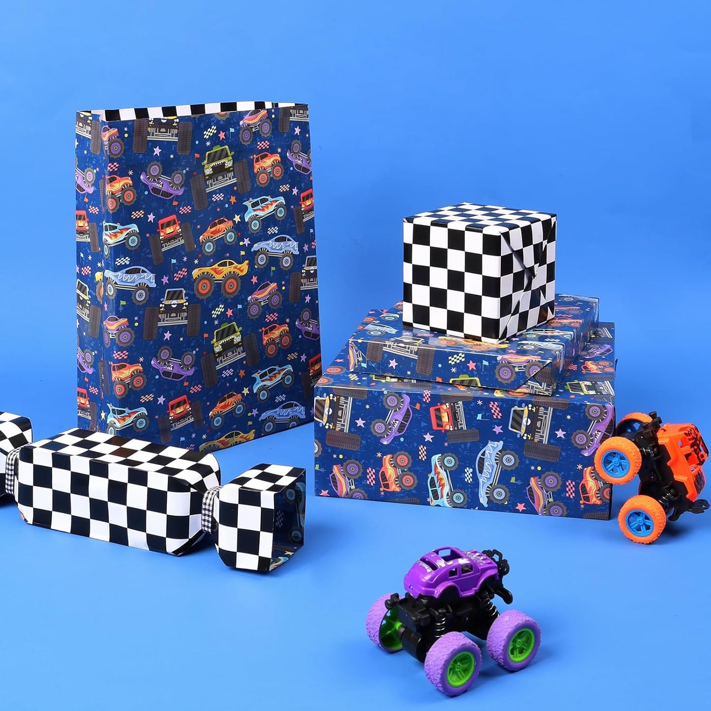 LaRibbons Monster Truck Reversible Wrapping Paper Mini Roll, Checkered Flag Design, Perfect for Kids and Boys Birthdays, 17" x 33'(46.7 sq. ft)
