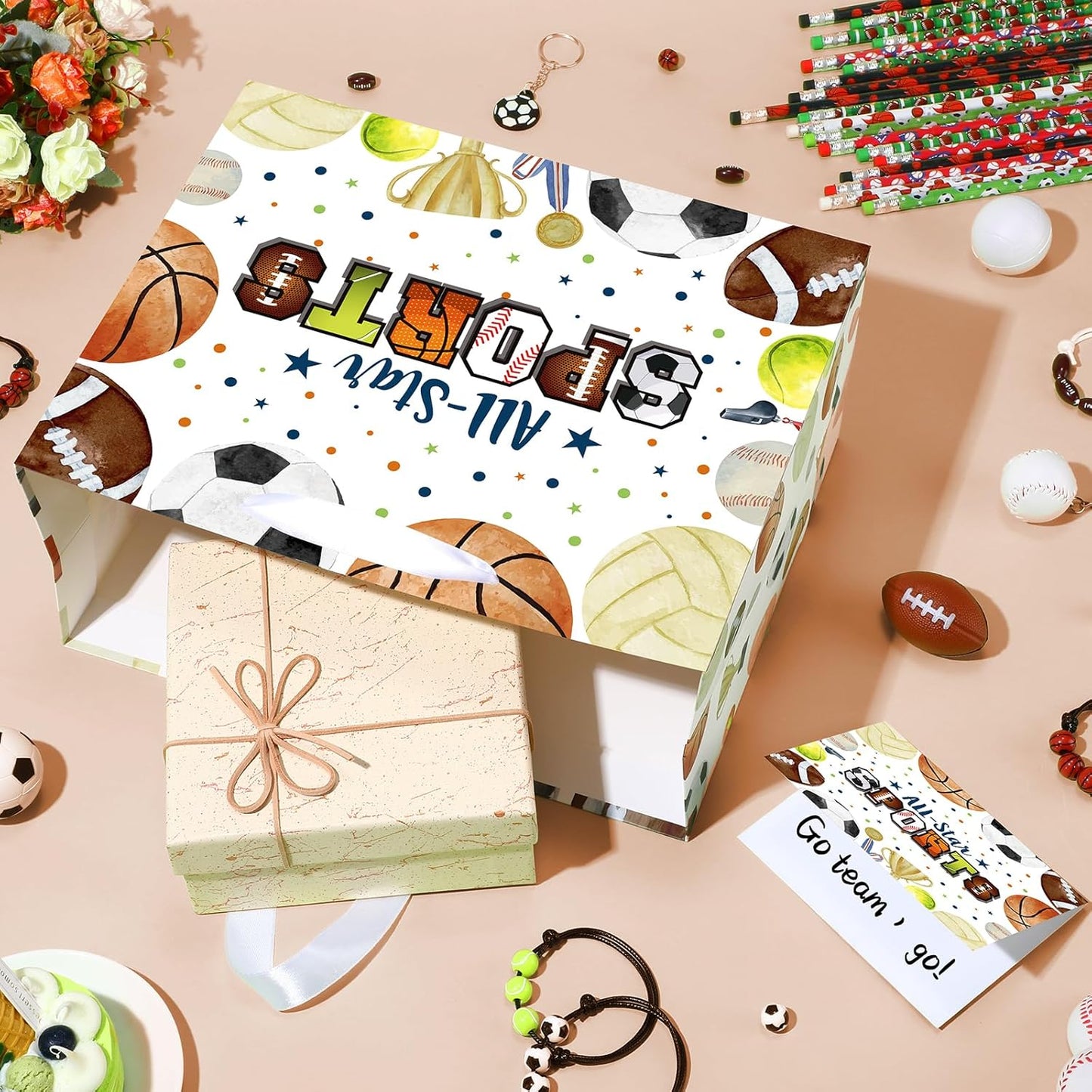 Sports Party Gift Bag, Sports Ball Gift Wrap Bag with Tissue Paper Card Decorations for Kids Men Soccer Tennis Football Baseball Team Birthday Party Favor Goodie Gifts Treat Wrapping Bag Supplies