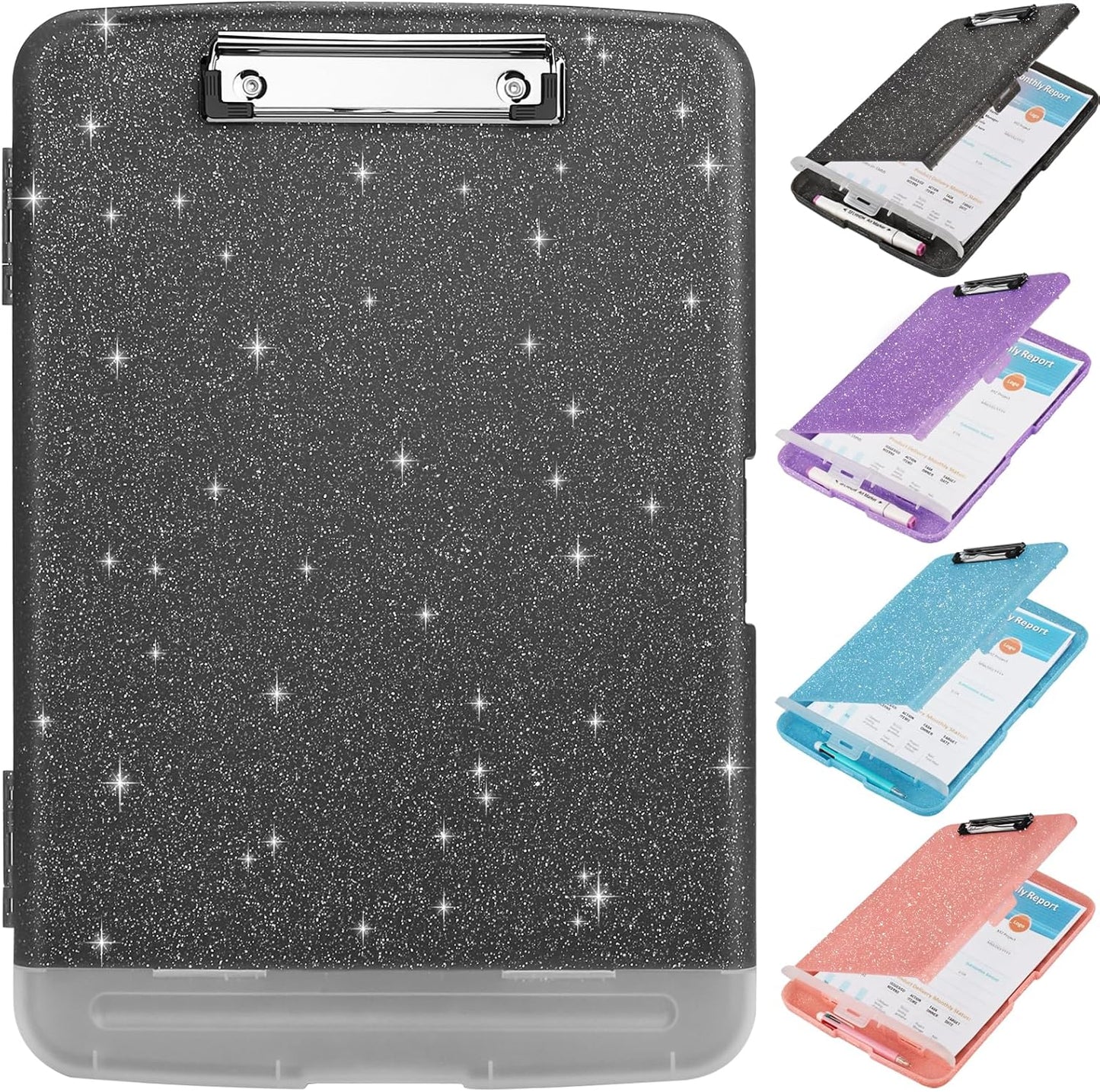 Glitter Clipboard with Storage,Storage Clipboard with Pen Holder,A4 Binder Clip Boards 8.5x11 with Low Profile Clip,Side Opening Sparkle Clipboards,Plastic Clipboards Folder for Office Supplies-Black