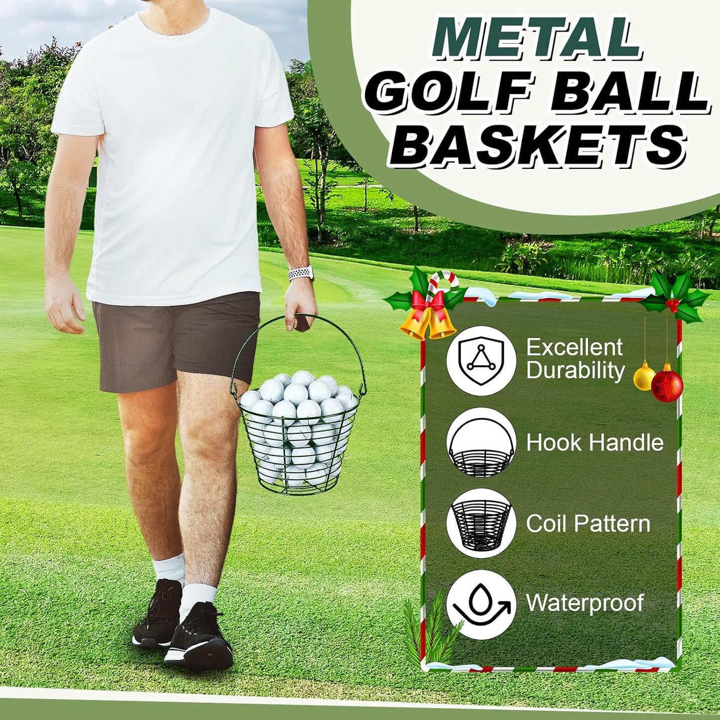 Soulchen Metal Golf Ball Baskets Golf Ball Storage Bucket with Handle Contain 50 Balls, Green Color