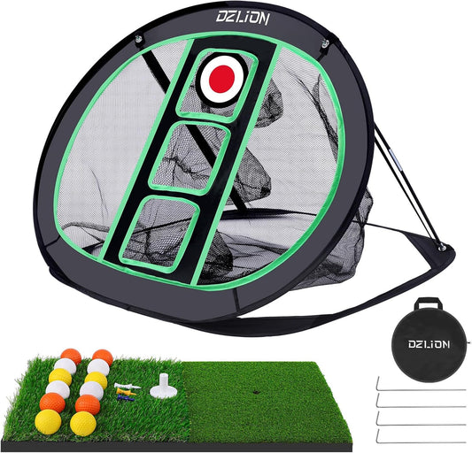 Golf Chipping Net and Mat Set - Pop Up Foldable Indoor Training Target with 2 Hitting Mats and 12 Practice Balls - Gifts for Men, Golfers, Teenage Boys