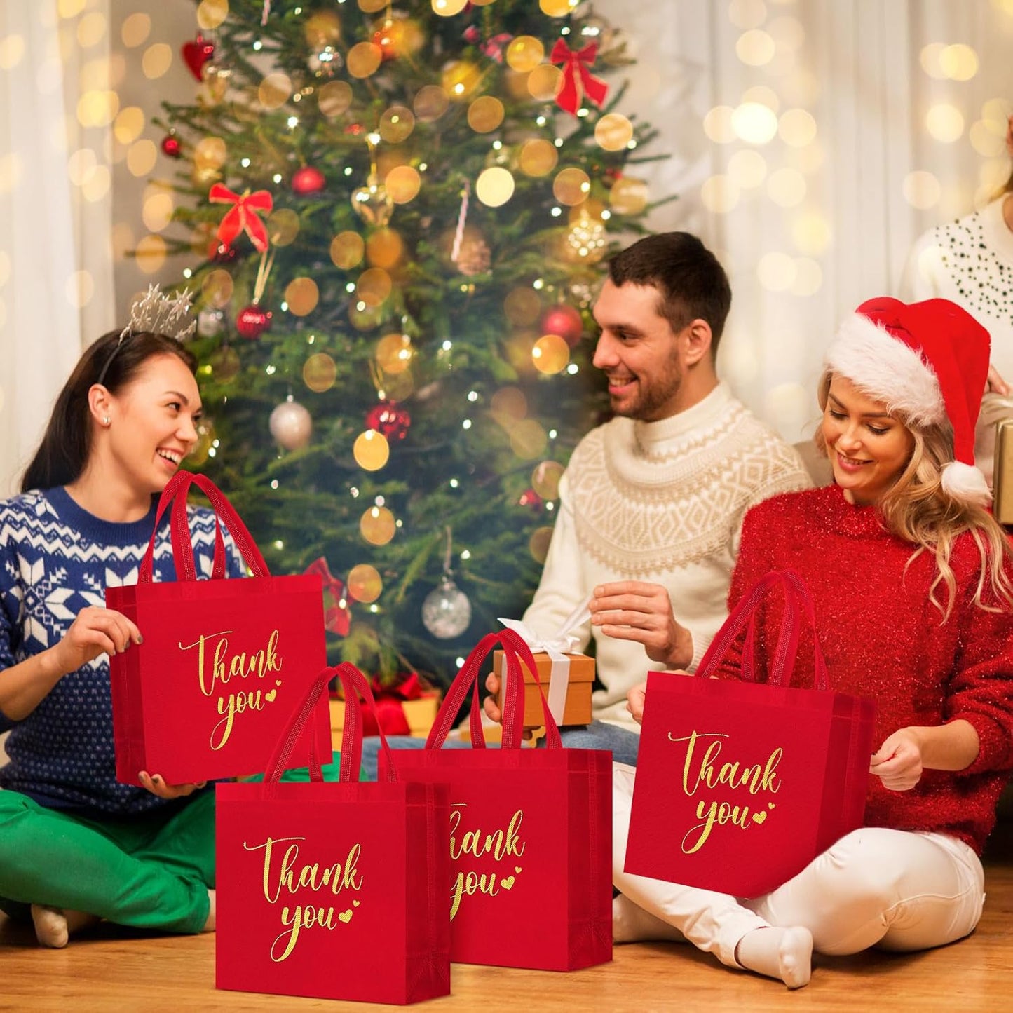 Sweetude 30 Pcs Thank You Gift Bags with Handles Bulk Reusable Goodie Bag Non Woven Foldable Handbag for Graduation Wedding Bridesmaid Gifts(11 x 12 x 5 Inch,Red)