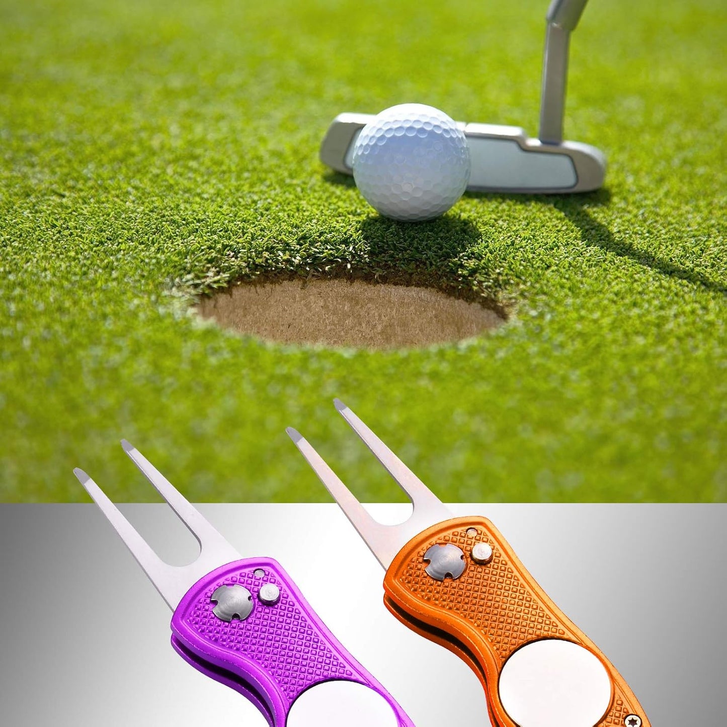 2 Pack Metal Foldable Golf Divot Tool with Pop-up Button & Magnetic Ball Marker (Pack of 2, Fish Design)