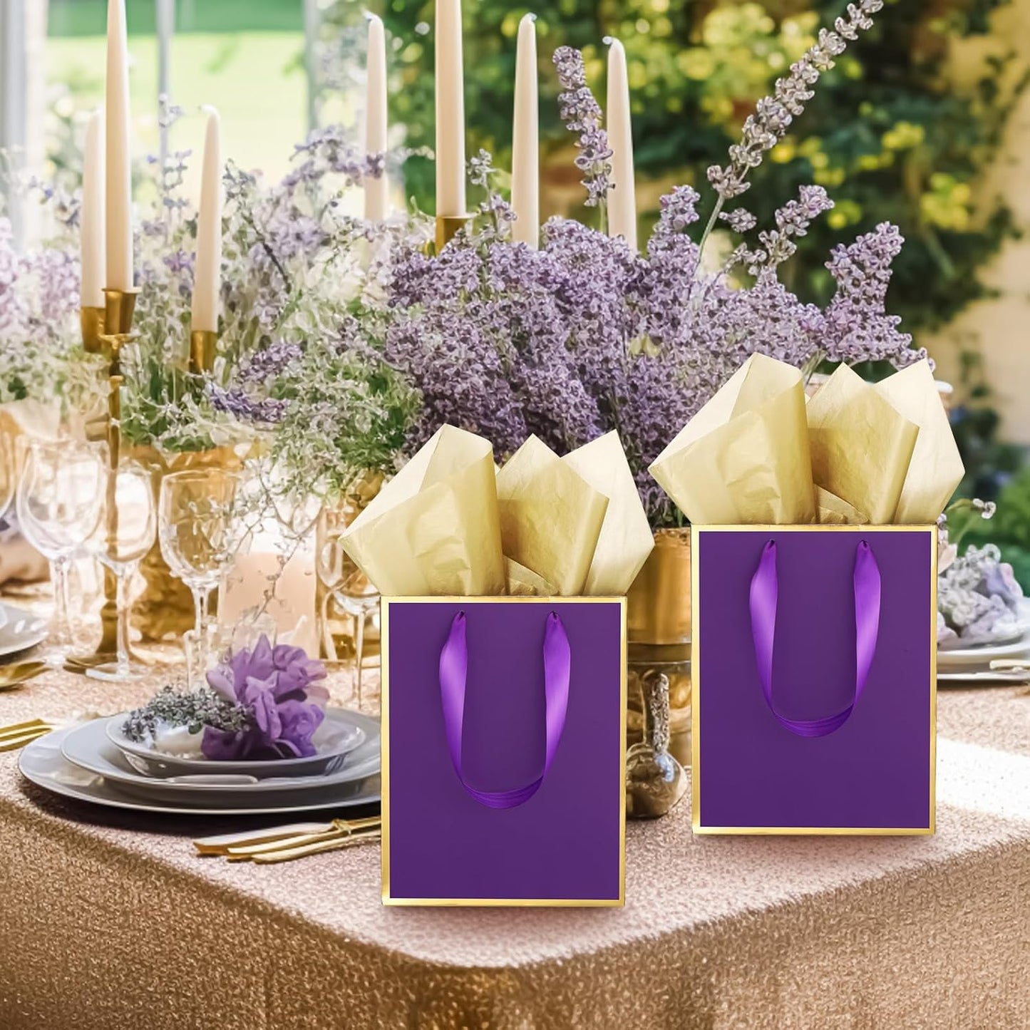 Yeaqee 24 Pack Metallic Paper Gift Bags with Handle and Tissue 9x7x3.1 Gold Foil Welcome Favor Bags Return Gifts for Wedding Fall 5 Senses Christmas Bridesmaid Birthday(Purple Gold)