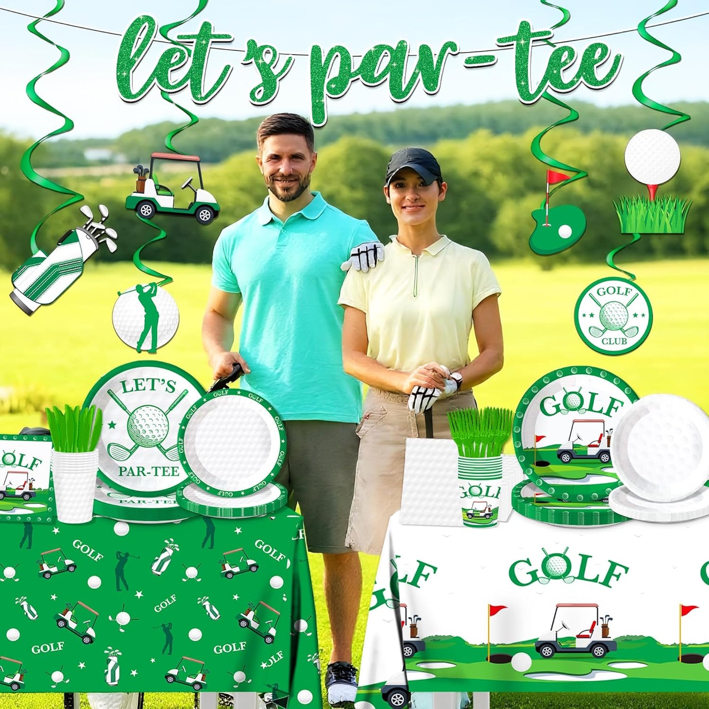 129Pcs Golf Party Supplies -Serves 20 Party Decorations With Plates Cups Knifves Forks And Napkins Tablecloth And Banner For Birthday Party Decorations Game Day Family School Holiday Sports Events
