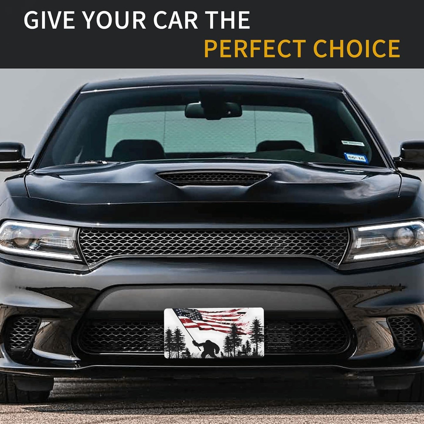 Front License Plate for Car Designs American Flag Bigfoot Stainless License Plate Cover Holder for Men Women Metal Aluminum Decorative Accessory Vanity Tag Standard 6 X 12 inch (4 Holes)