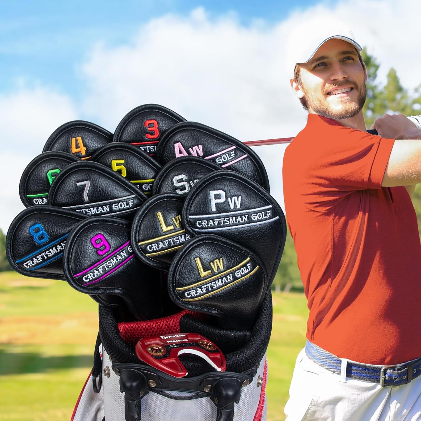 CRAFTSMAN GOLF 12pcs or 1pc Black Leather Golf Iron Head Covers Set Headcover Colorful Number Embroideried for Callaway Ping Taylormade Cobra Also Custom Version w/Your Name