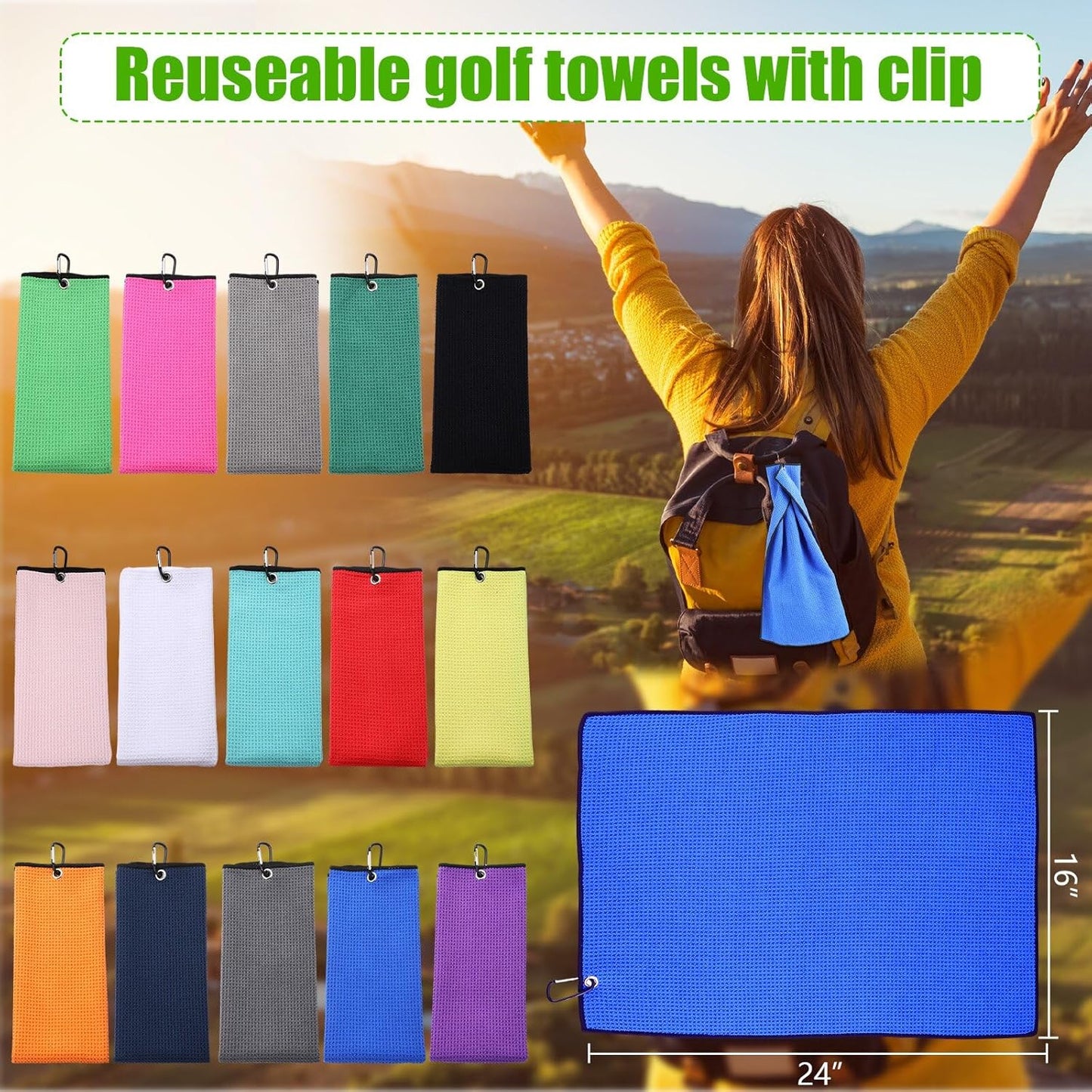 Batiyeer Golf Towels Bulk for Bags 16'' x 24'' Microfiber Waffle Pattern Golf Towels Trifold with Clip for Hiking,Tournament, Yoga