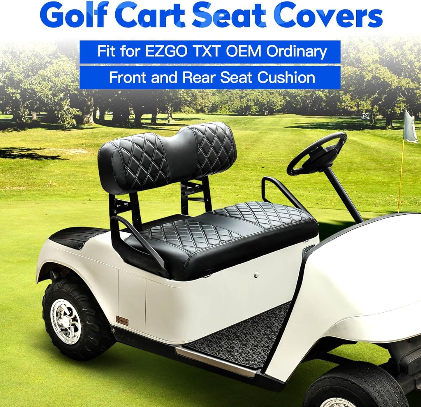 NOKINS 4PCS Golf Cart Diamond Seat Covers Kit, Front&Rear Seat Covers Fits EZGO TXT 1994-2013/EZGO RXV Standard Seat Cushion, EZGO Vinyl Seat Cover Accessories, No Staples(Black&Black Stitch)