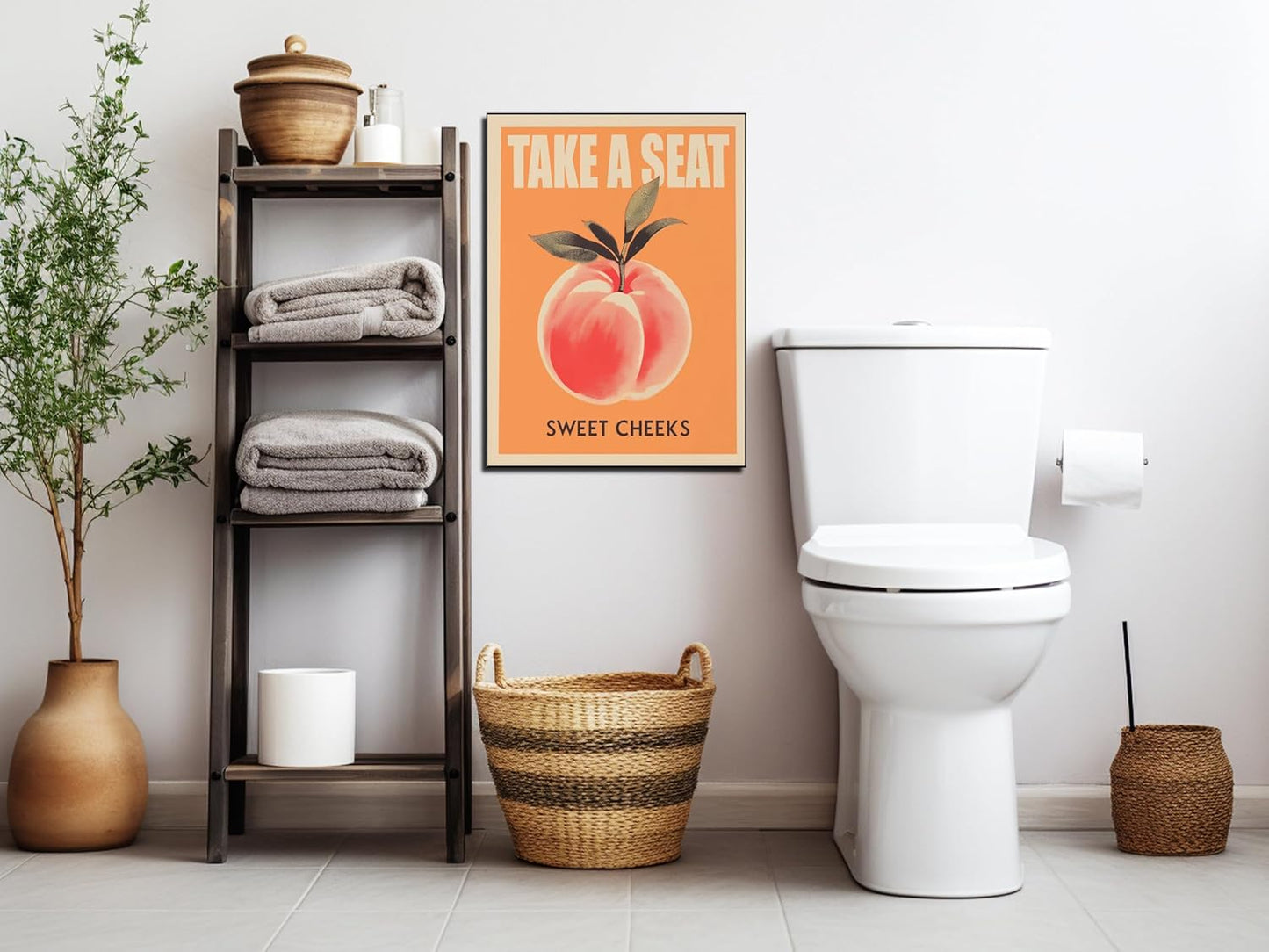 Take a Seat Sweet Cheeks Poster, Funny Bathroom Wall Art Peach Bum Art Canvas Print, Minimalist Preppy Orange Pink Wall Decor for Dorm Toilet 16x24in Framed