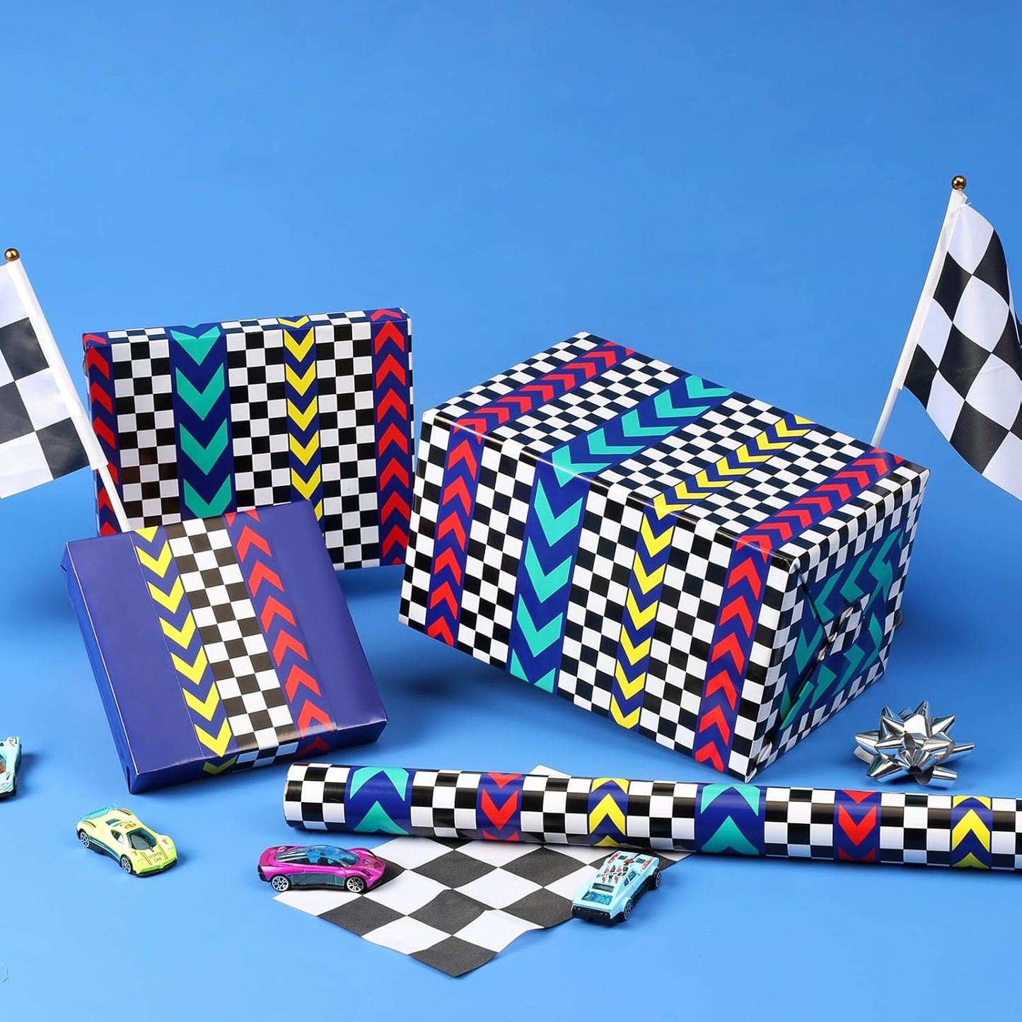 LaRibbons Race Car Reversible Wrapping Paper Mini Roll, Race Track and Checkered Flag Design, Perfect for Kids and Boys Birthdays, 17" x 33'(46.7 sq. ft)