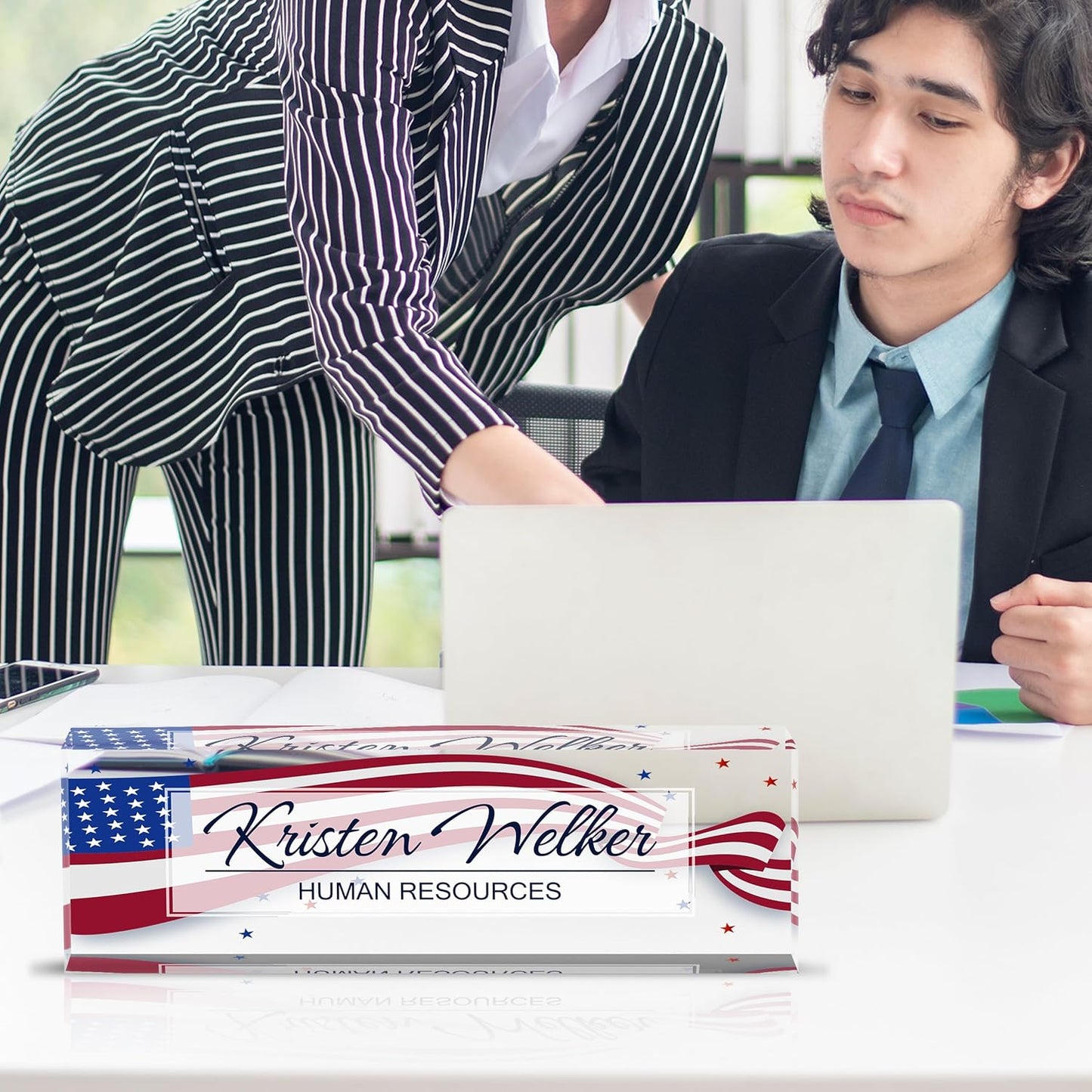 Personalized Name Plate for Desk Custom Acrylic Desk Name Plate Custom Employee Appreciation Gifts Office Gifts for Women, Men, Boss, Coworkers, Teacher, Nurse (Flag 2)