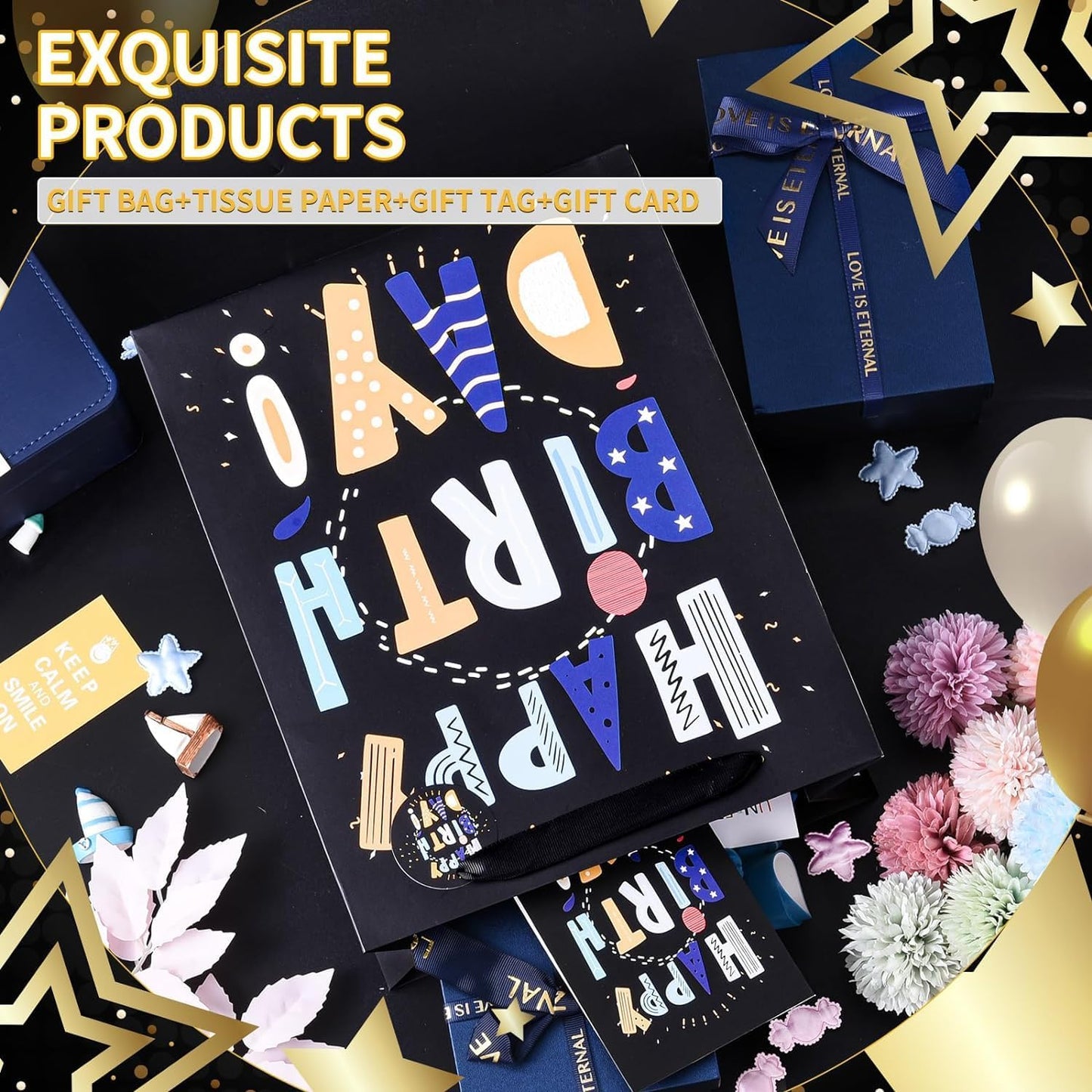 13" Black Happy Birthday Bags for Kids with Tissue Paper and Greeting Card for Party,Happy Birthday Gift Bag for Kids, Boys, Girls, Baby Boy,Men Women,Gift Bags Medium size (1 Pcs Black, Kids Gift Bag)