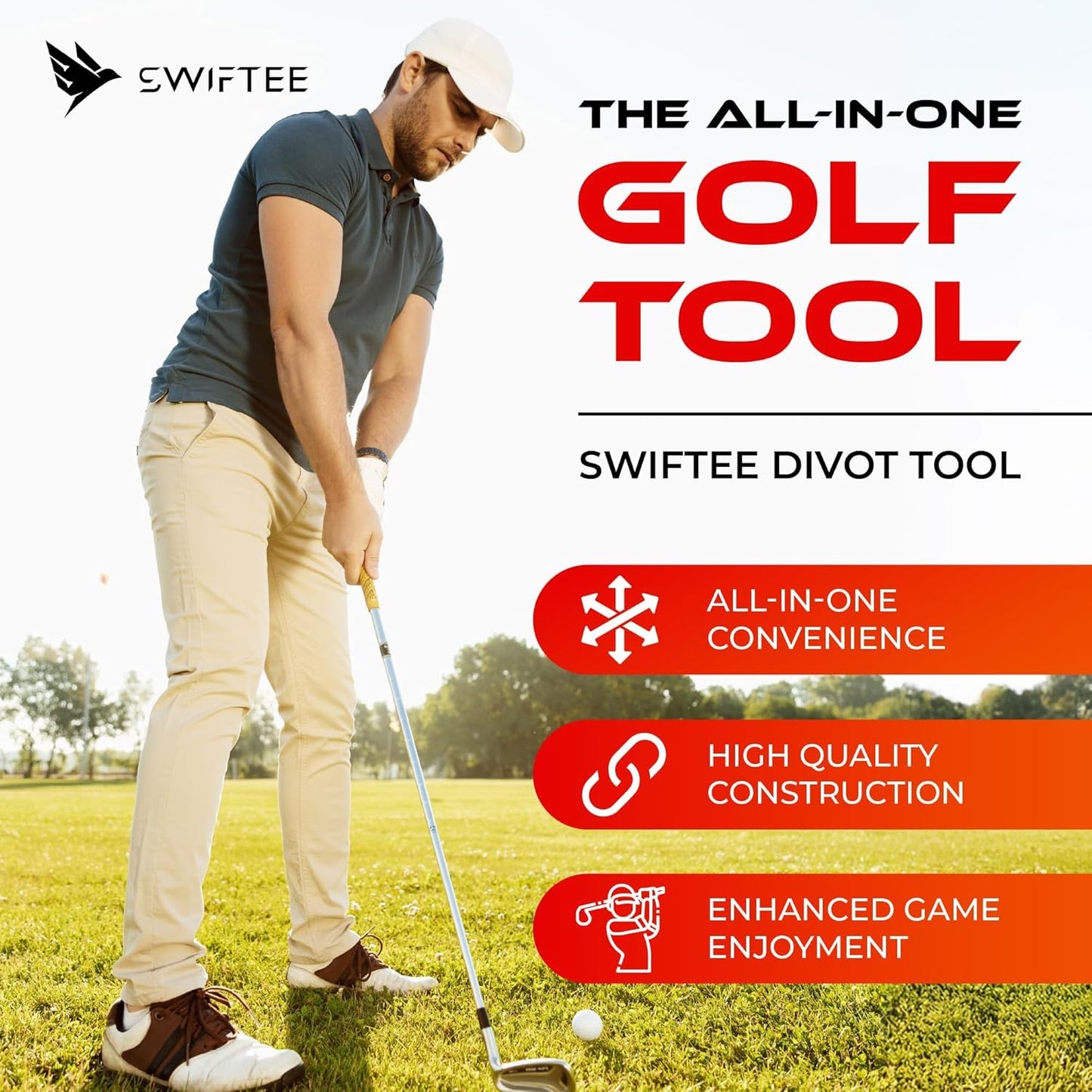 SWIFTEE Golf Divot Pitch Mark Repair Tool 7-in-1 - Club Holder, Brush, Clip Buckle, Groove Cleaner, Bottle Opener, Ball Marker, Divot Tool - Gift Box Included