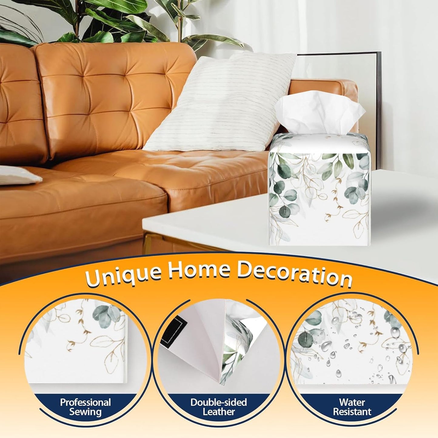 Tissue Box Cover Square,Eucalyptus Leaves Leaf Tissue Box Holder Waterproof Leather Facial Paper Case Modern Home Decoration for Bedroom Dresser Night Stand Office Desk