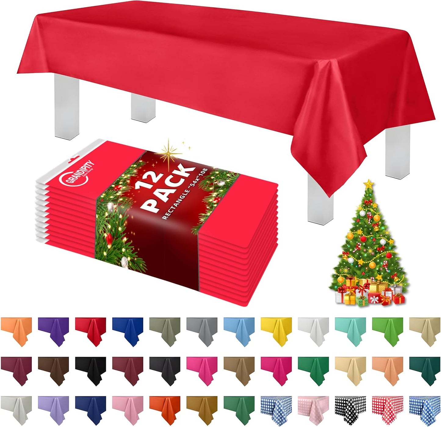 Grandipity 12 Pack Premium Disposable Plastic Tablecloth 54 Inch. x 108 Inch. Decorative Rectangle Table Cover - Red
