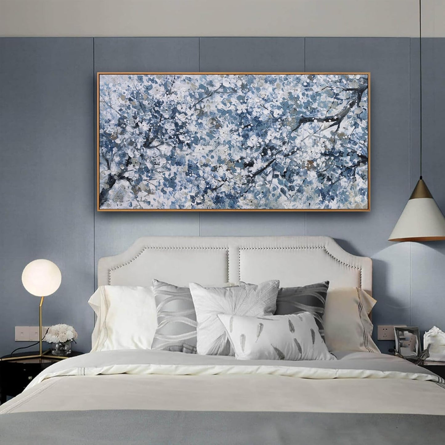 Canvas Wall Art Oil Painting Dark Blue And White Abstract Flower Tree Plants Wall Decor Pictures For Bedroom Canvas Botanical Wall Art Decorations Artwork For Living Room Home Office 20"×40"Framed