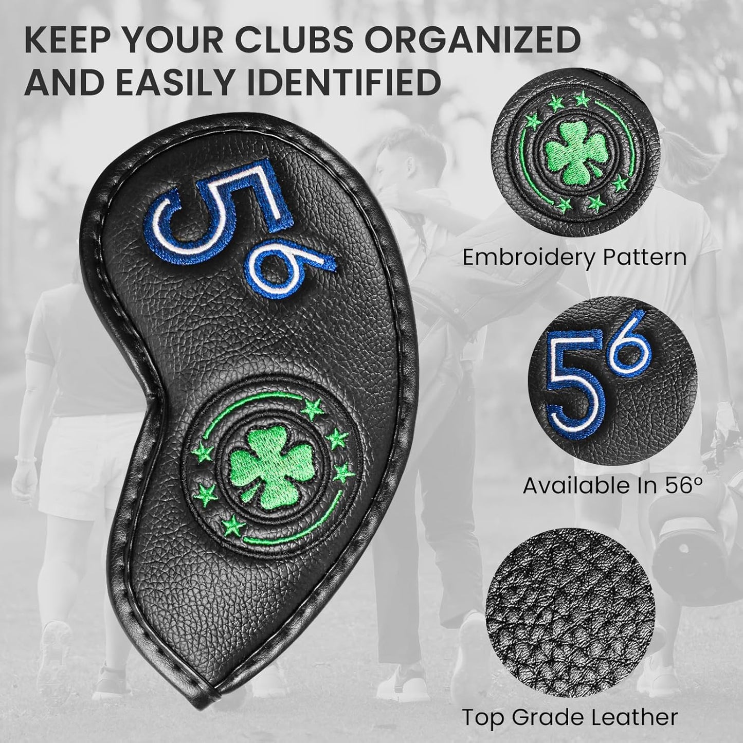 Golf Iron Wedge Head Covers 52° 54° 56° 60° 1 or 4 Pack, Synthetic Leather Clover USA Flag Design Club Head Protection, Universal Headcover Fit Iron Clubs for Men Women