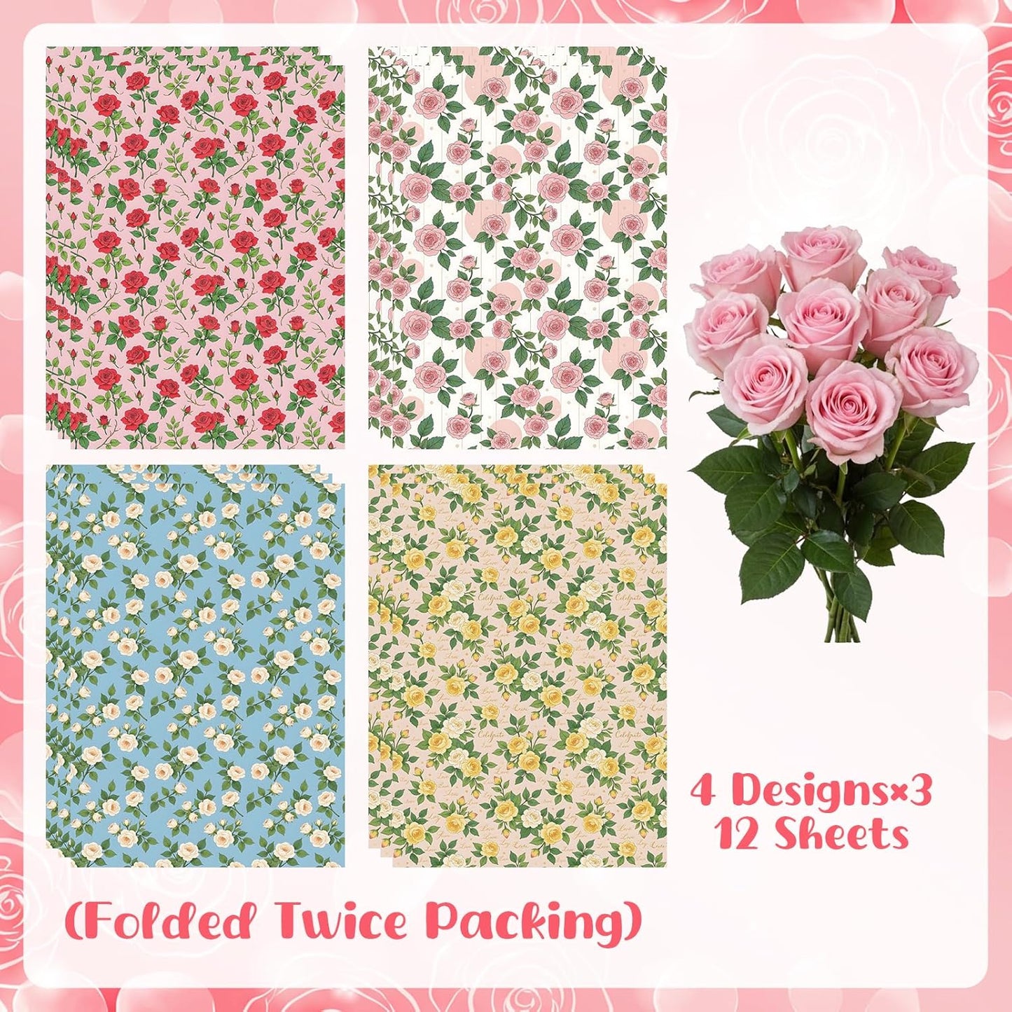 Pineraap Floral Rose Wrapping Paper 12 Sheets Red,White,Yellow,Pink Rose Themed Gift Wrap for Weddings,Birthdays,Bridal Showers,20"×28"
