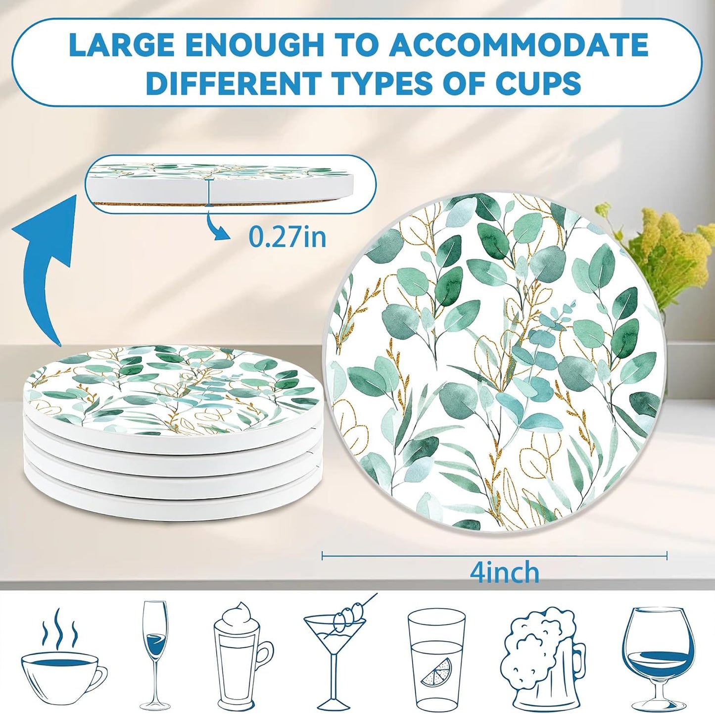 Drinks Coasters Set of 4, Sage Green Plants Round 4" Cup Coasters, Absorbent Ceramic Stone Coasters with Cork Base, Cute Coasters for Table Home Décor, Ideal Gifts for Women Men