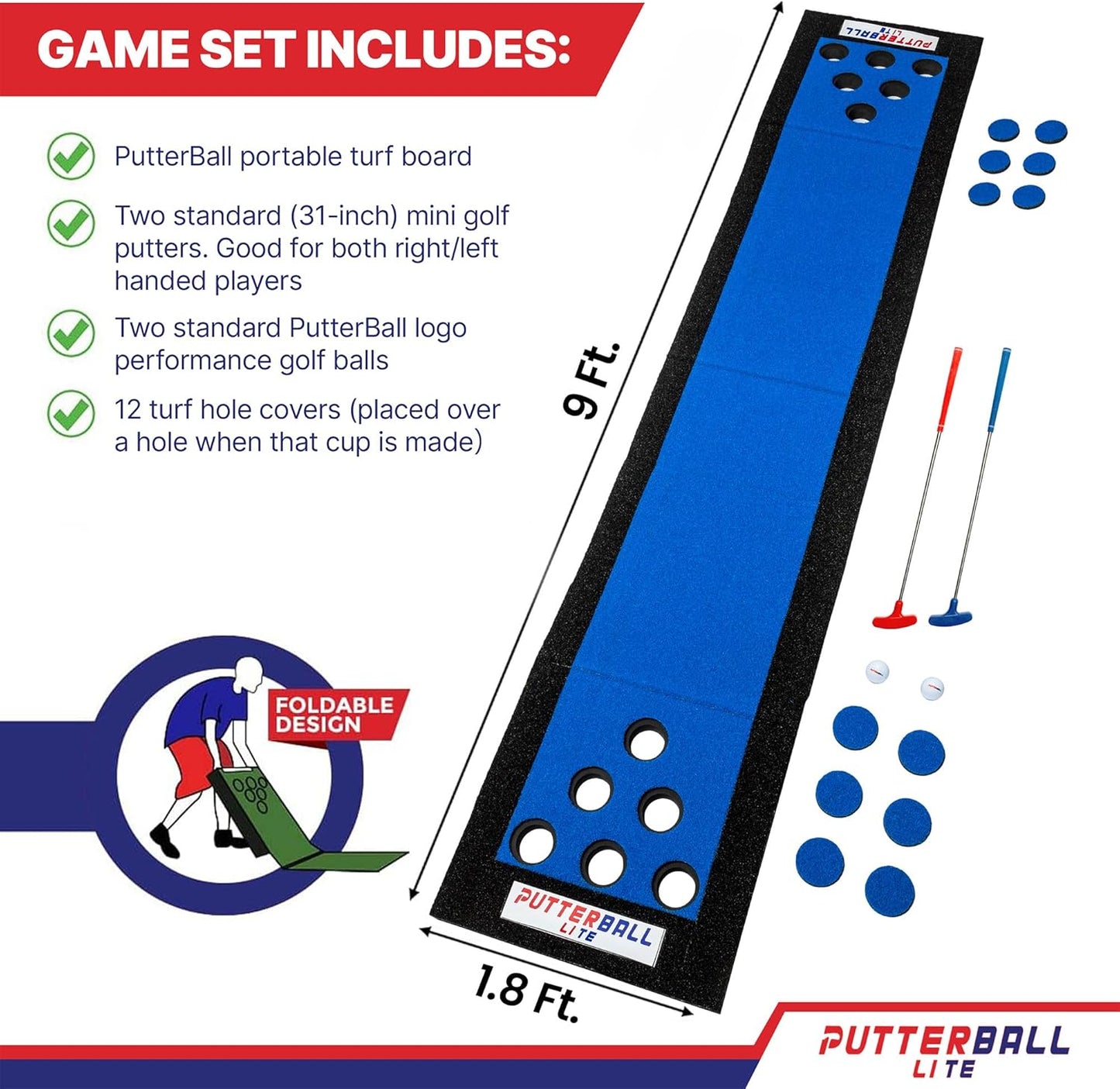 PutterBall Lite Original Golf Putting Game Set – Backyard 9 ft Putting Green Pong Style Golf Mat with 2 Putters, 2 Balls & Hole Covers