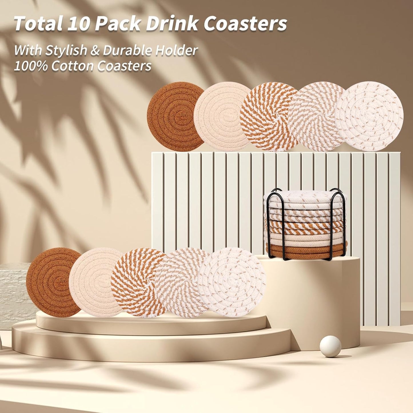 Mckanti 10 Pcs Drink Coasters with Holder, 5 Colors Absorbent Coasters for Drinks, Minimalist Boho Coasters Cotton Woven Coaster Set for Home Decor Tabletop Protection Suitable for Kinds of Cups