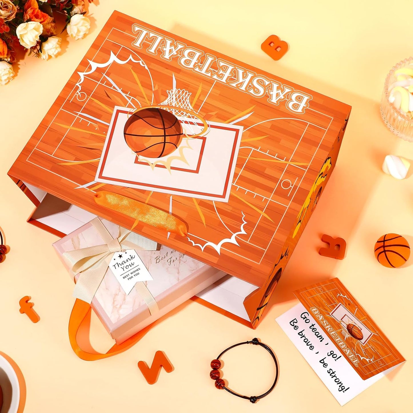 Basketball Party Gift Bag, Basketball Gift Wrap Bag with Tissue Paper and Card Decorations for Sport Party Favor Basketball Birthday Goodie Gifts Treat Candy Wrapping Bags for Kids Adult Team Supplies