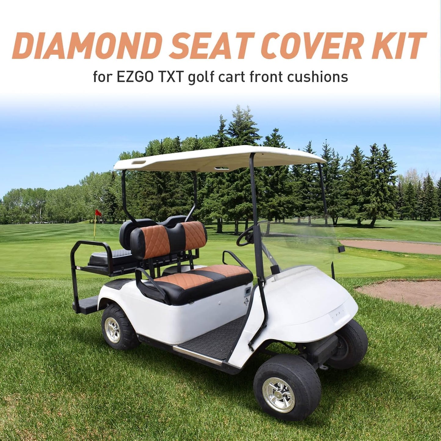 NOKINS Golf Cart Diamond Seat Covers Kit, Fit for EZGO TXT 1994-2013/EZGO RXV OEM Standard Front Seat Cushion, Golf Cart Vinyl Seat Cover, No Nails Required (Brown and Black)