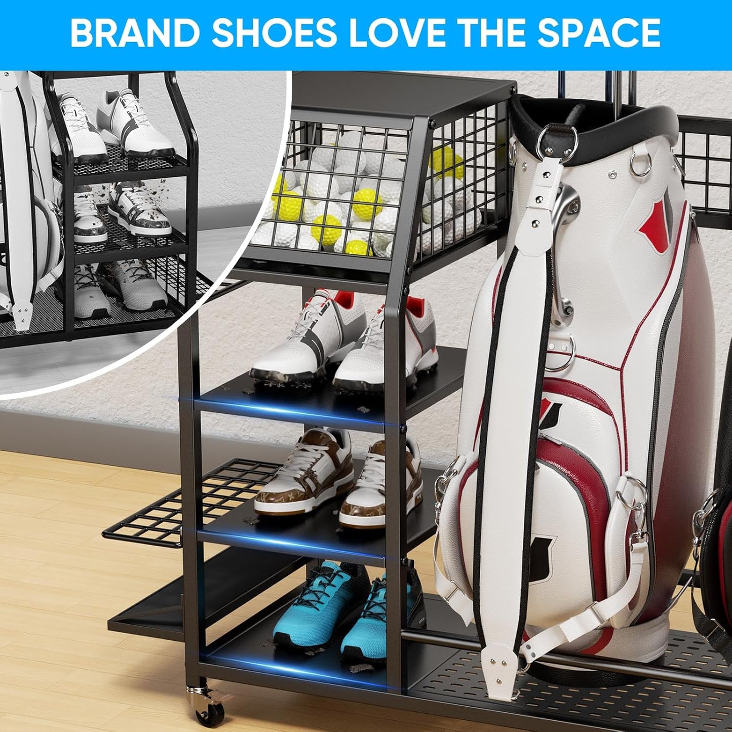 43.3“W Golf Bag Organizer with Wheels, Holds 2 Bags & 27 Clubs, Heavy Duty Thick Frame Garage Storage Rack Cart, High Load Capacity Golf Accessories Stand Holder, Ideal for Garage, Club, Shed