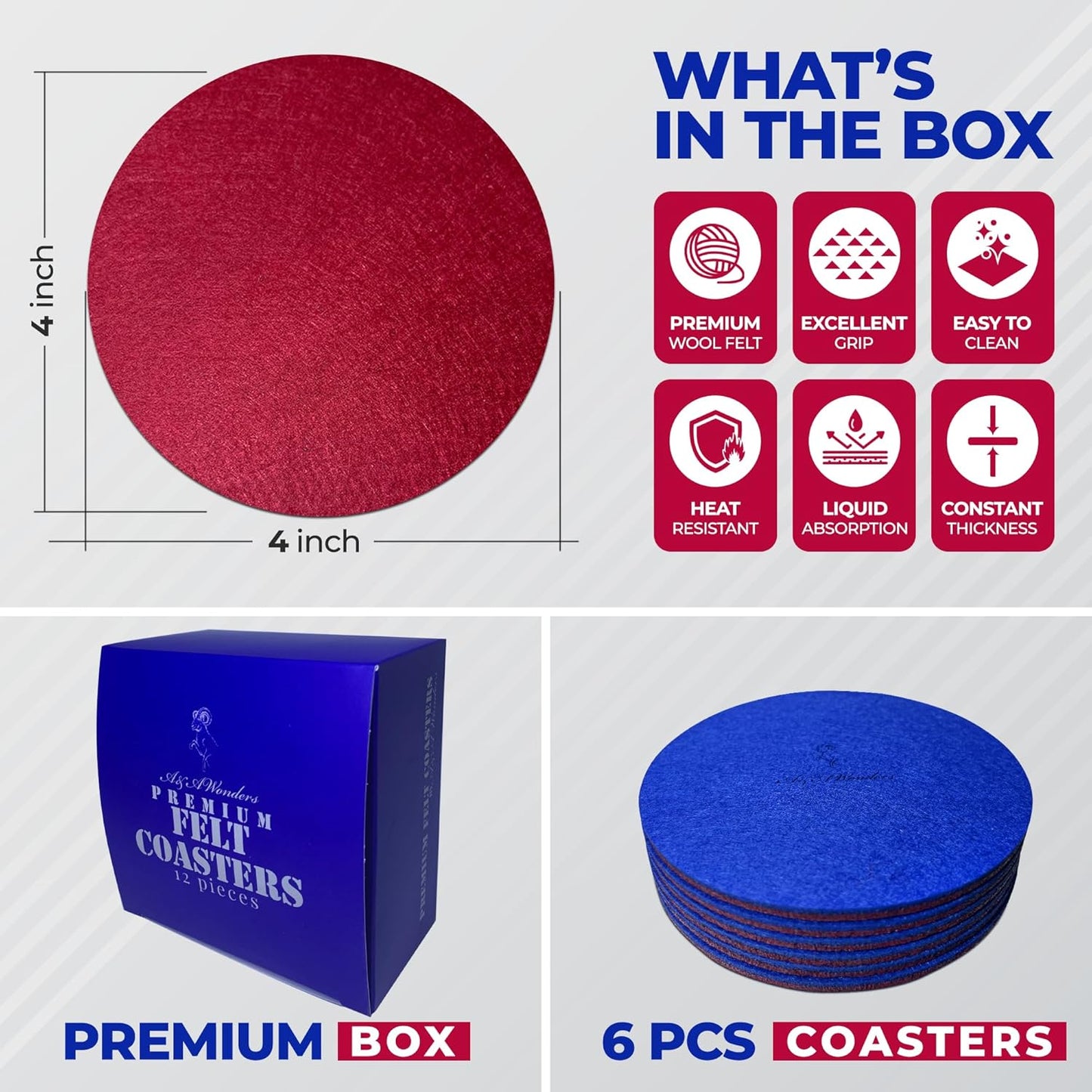 A&A Wonders Premium Felt Coasters for Drink, Two-Tone Reversible, Absorbent Felt Protects Furniture, Table, Anti Slip, Suitable for Drinks & All Table Types (Wine Red/Royal Blue, Circle 6 Pack)