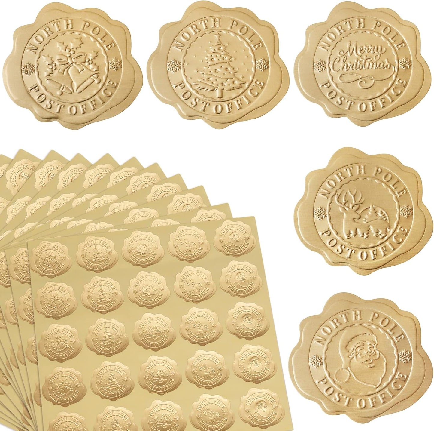 300pcs Gold Christmas Embossed Wax Seal Looking Envelope Seals for Gifts Packages/Party Favors, Self-Adhesive