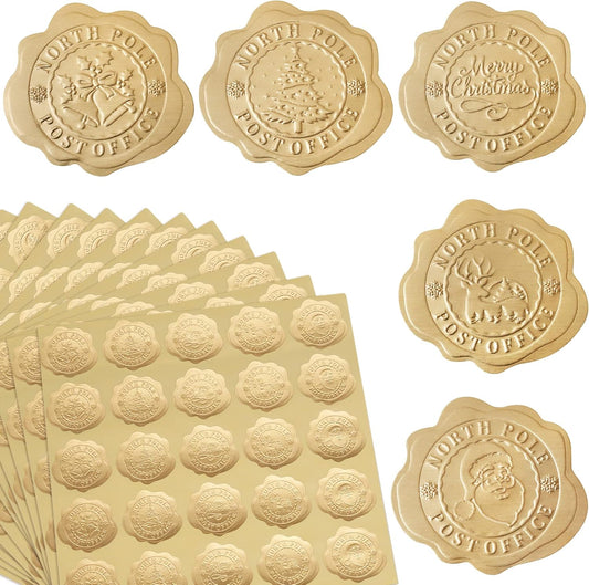 300pcs Gold Christmas Embossed Wax Seal Looking Envelope Seals for Gifts Packages/Party Favors, Self-Adhesive