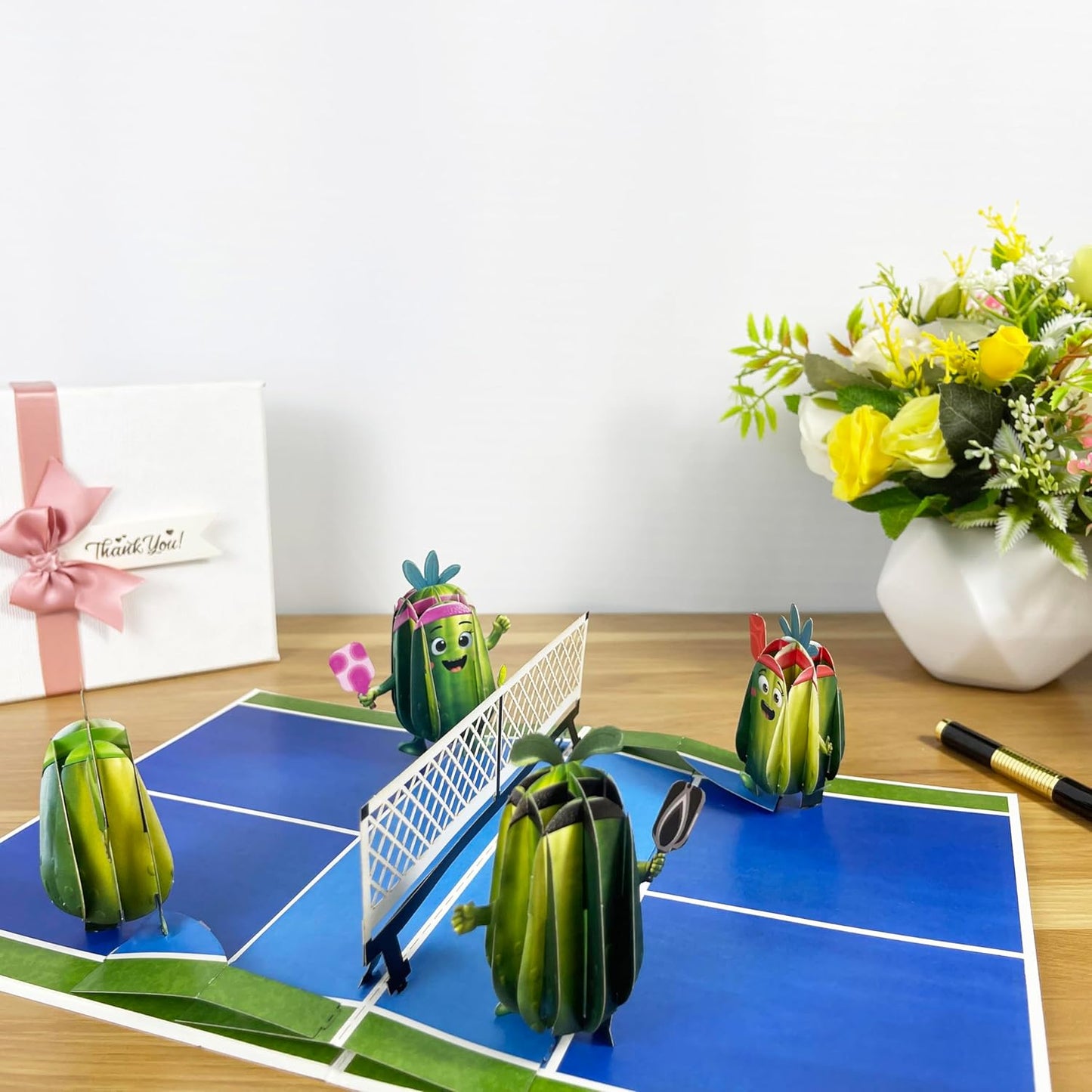 3D Pickleball Popup Card - Funny Handmade Paper Art with Four Pickles Playing for Birthday, Anniversary, Christmas, Father’s Day - Unique Gift for Him, Her, Pickleball Players & Fans