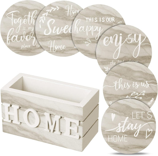 Queekay Housewarming Gifts for Home Decoration Wooden Heart Coasters for Drinks 6 Set Farmhouse Coasters with Holder Funny for Family Coffee Table Protection, 4''(Brown Marble)