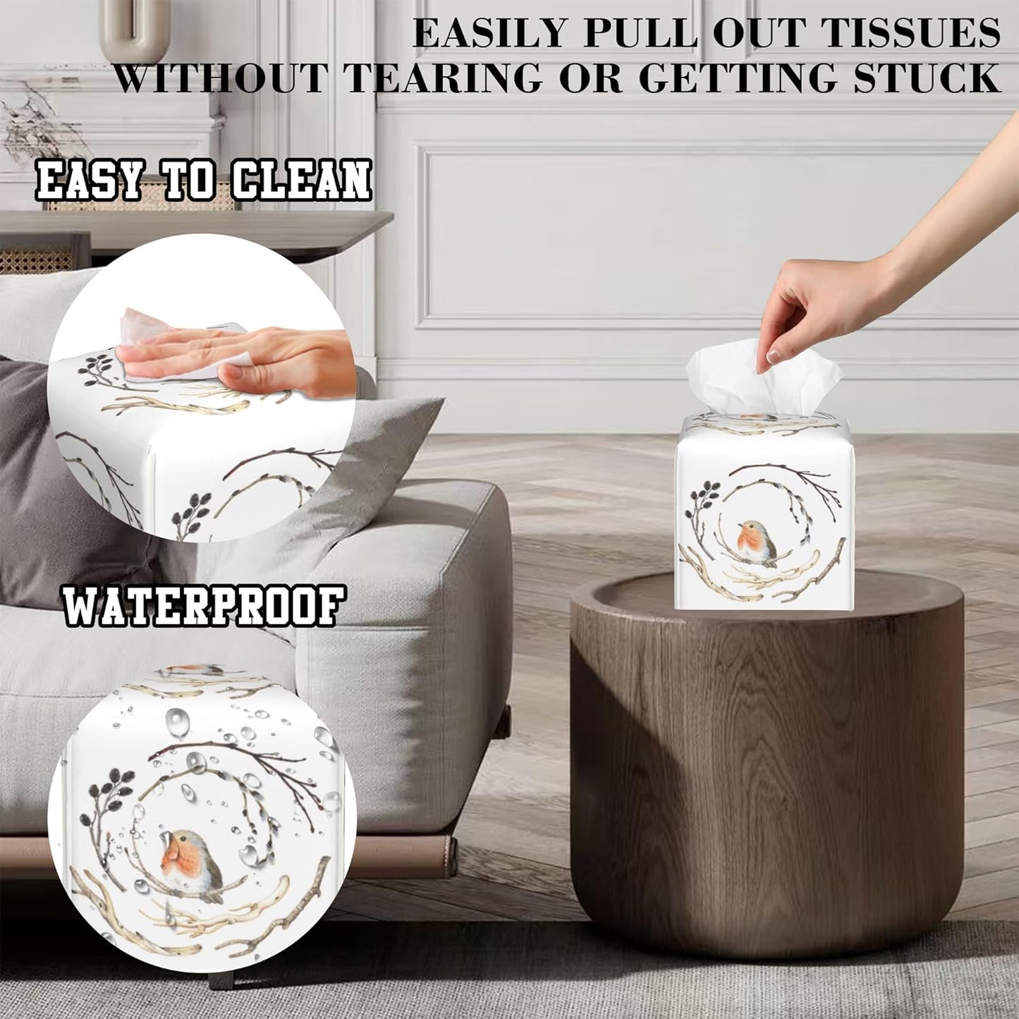 Watercolor Bird on Branches Tissue Box Cover Square, Tissue Box Holder Leather Facial Paper Case Decorative Organizer Holder Dispenser Home Office Car Decor