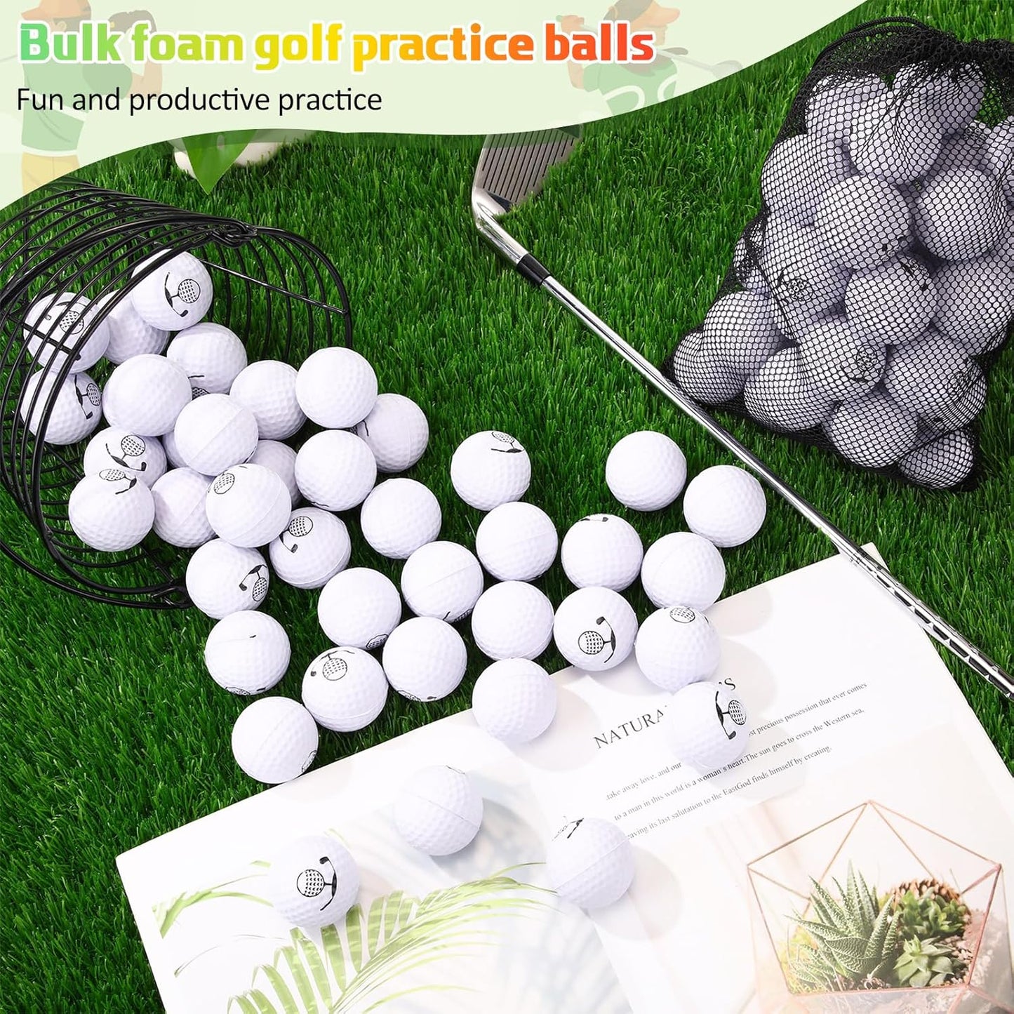 Mudder 200 Pcs Foam Golf Practice Balls Bulk, Soft Foam Ball, Realistic Feel Elastic, Limited Fly Practice for Golf Indoor or Outdoor Training, with 2 Nylon Drawstring Bag