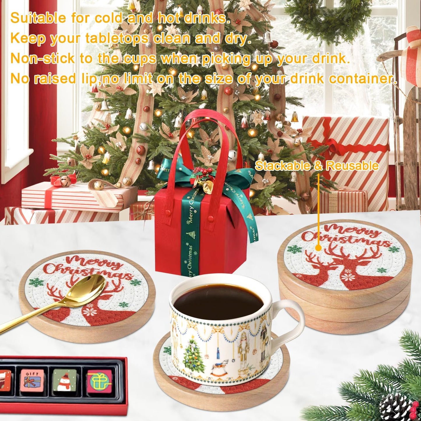 Christmas Coasters Set of 5, Eykao Wood Coasters for Drinks, for Home Decor, Absorbent Coaster for Hot or Cold, Non-Slip, Non-Stick, 4 inches