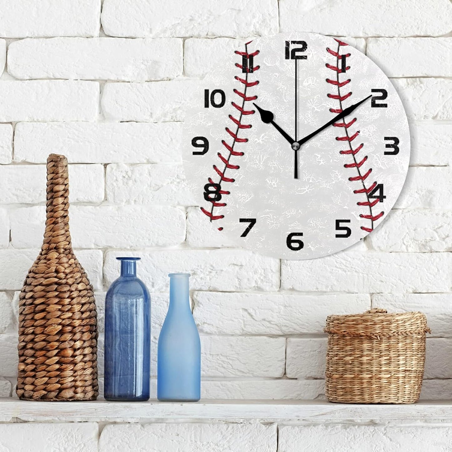 Sports Baseball Print Wall Clock Silent Non-Ticking,Baseball 9.5 Inch Round Wall Clock Battery Operated Clock Decor for Boys Room Home Wall Bathroom Kitchen Bedroom Living Room Office Classroom Patio