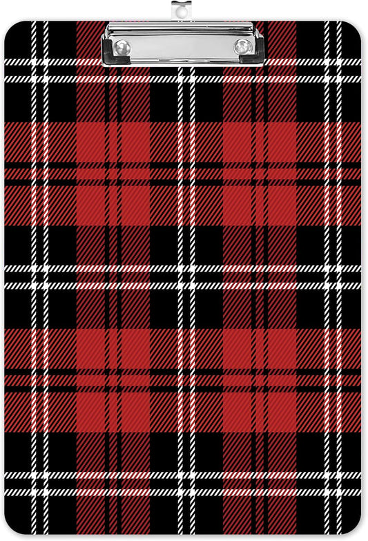 Fashion A4 Clipboard, Standard Letter Size 9" x 12.5", Decorative Wooden Clipboard with Low Profile Metal Clip for Office, School, Teachers, and Students, Black Red Plaid Tartan