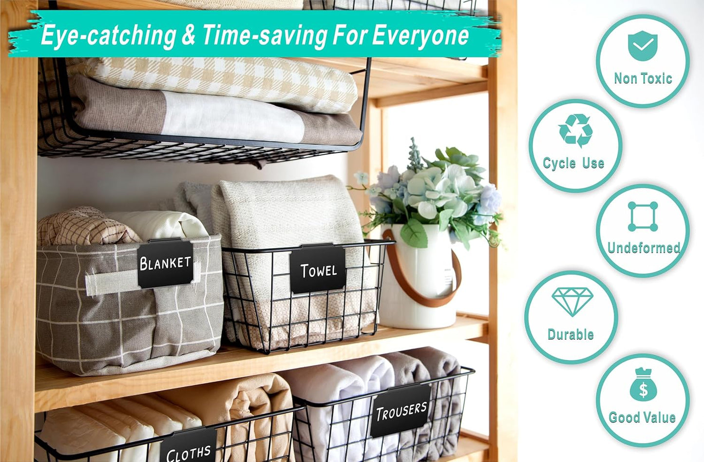 27-Piece Set of Basket Labels Clip On for Storage Bins: 10 Erasable Plastic Kitchen Pantry Labels, 16 Removable PVC Tag Stickers, 1 White Chalk Marker, for Organization Container, Jar, Shelf, Laundry