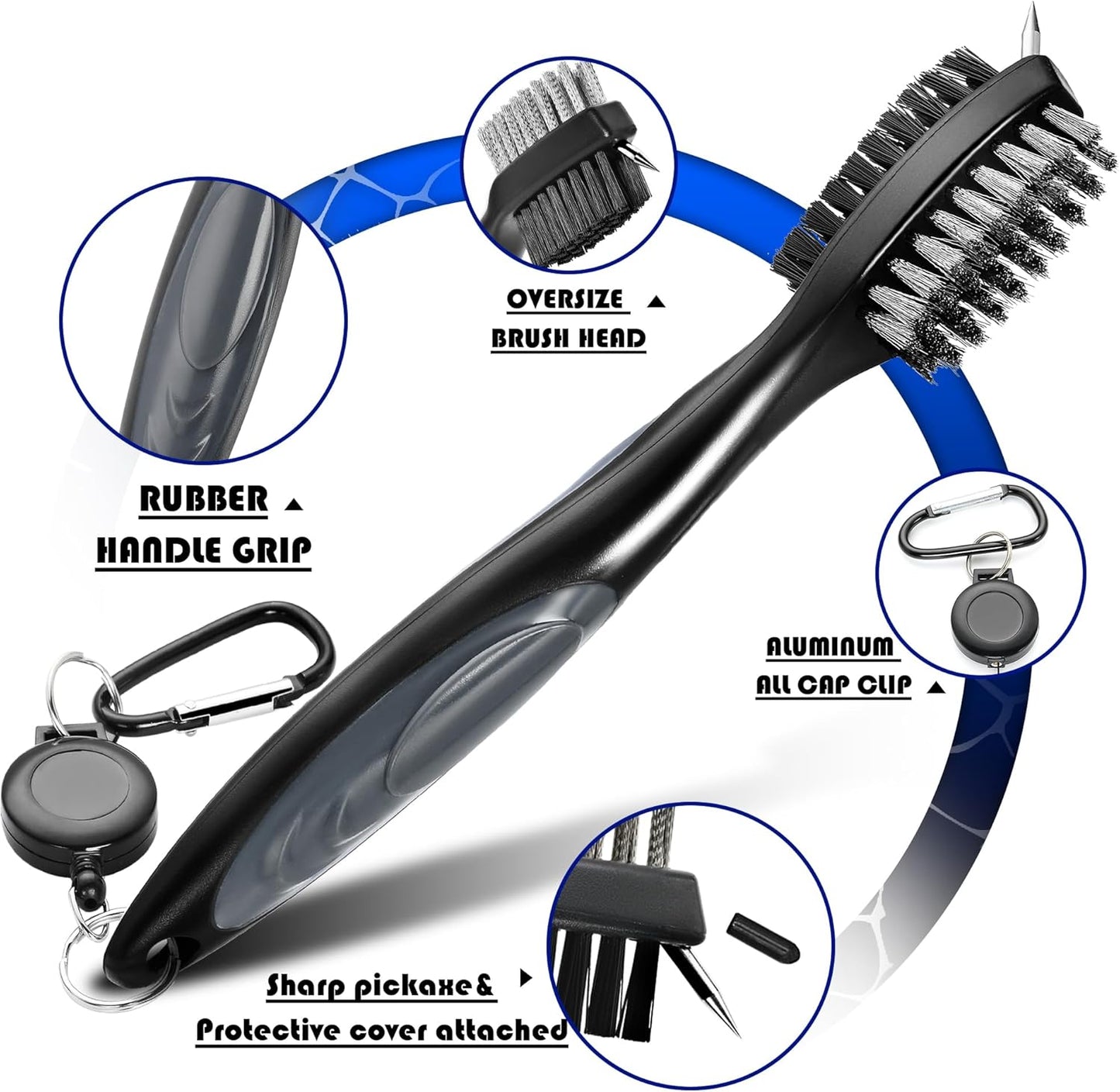 Mile High Life Golf Club Brush, Club Groove Cleaner with 2 Ft Retractable Extension Cord and Aluminum Carabiner, Golf Bag Accessories for Men and Women