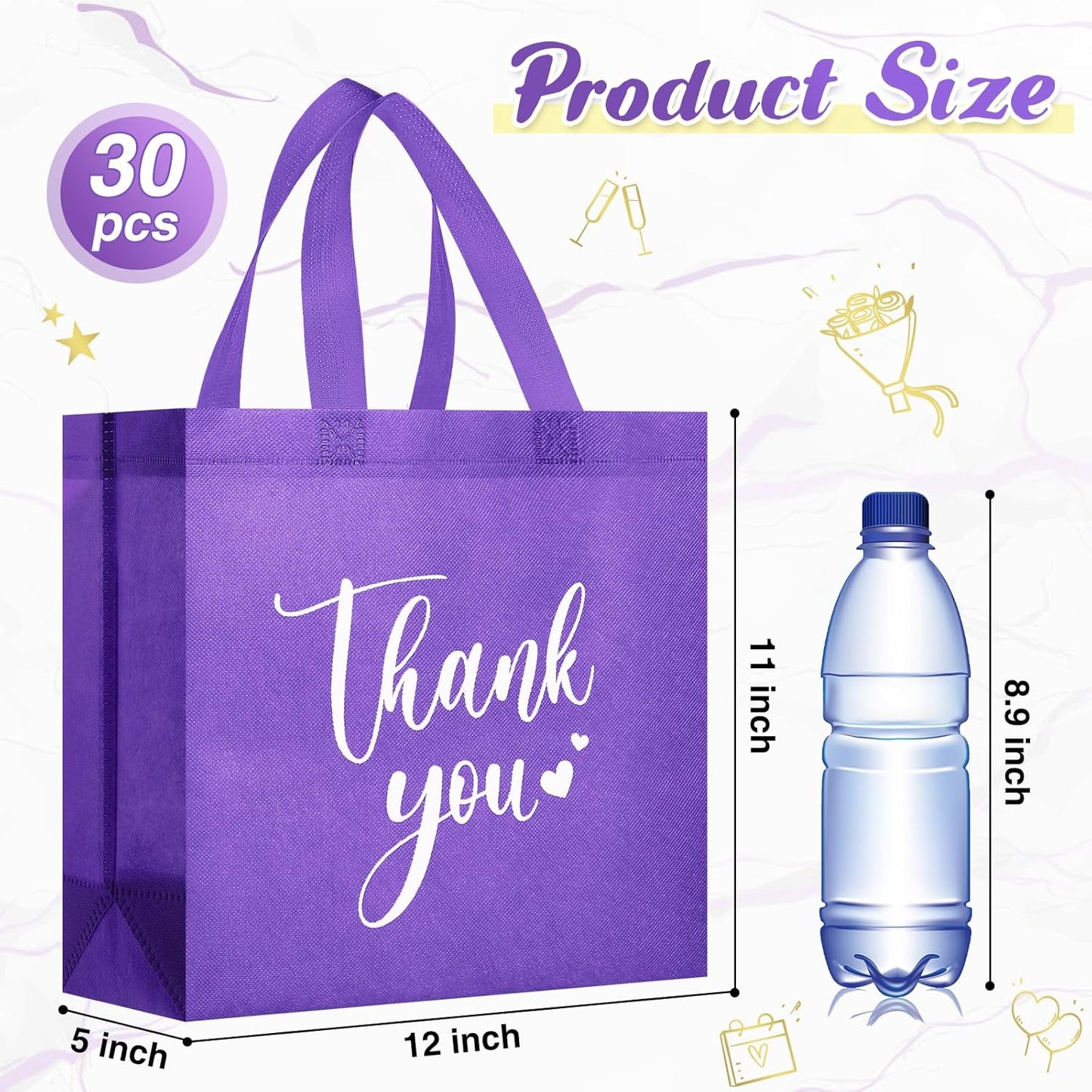 Sweetude 30 Pcs Thank You Gift Bags with Handles Bulk Reusable Goodie Bag Non Woven Foldable Handbag for Graduation Wedding Bridesmaid Gifts(11 x 12 x 5 Inch,Dark Purple)(11 x 12 x 5 Inch,Dark Purple)