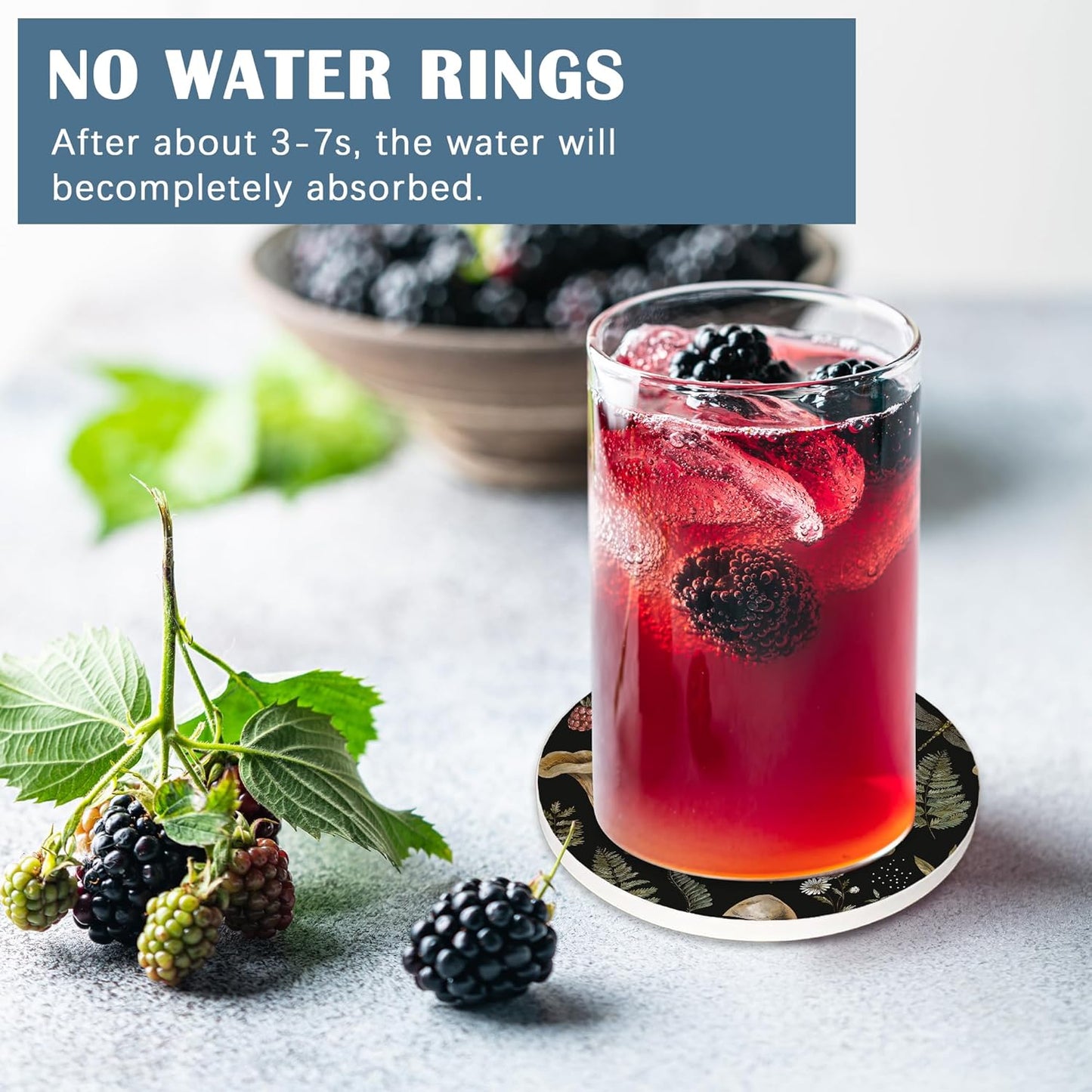 Coasters for Drinks, Set of 4 Absorbent Ceramic Coasters, Vintage Mushroom Plants Design, Non-slip Cork Base, Green, Black, Round