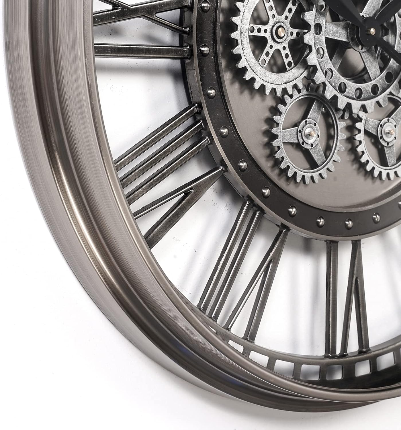 CLXEAST 28 Inch Original Real Moving Gear Wall Clock Roman Numerals,Oversized Large Wall Clocks for Modern Farmhouse Living Room Home Decor,Brushed Gunmetal