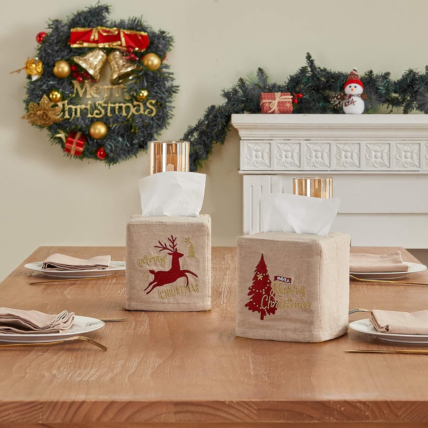 Christmas Linen Tissue Box Cover - Square Embroidered Gifts Boho Cube Holder for Bathroom Rectangle Cover Set Merry Xmas