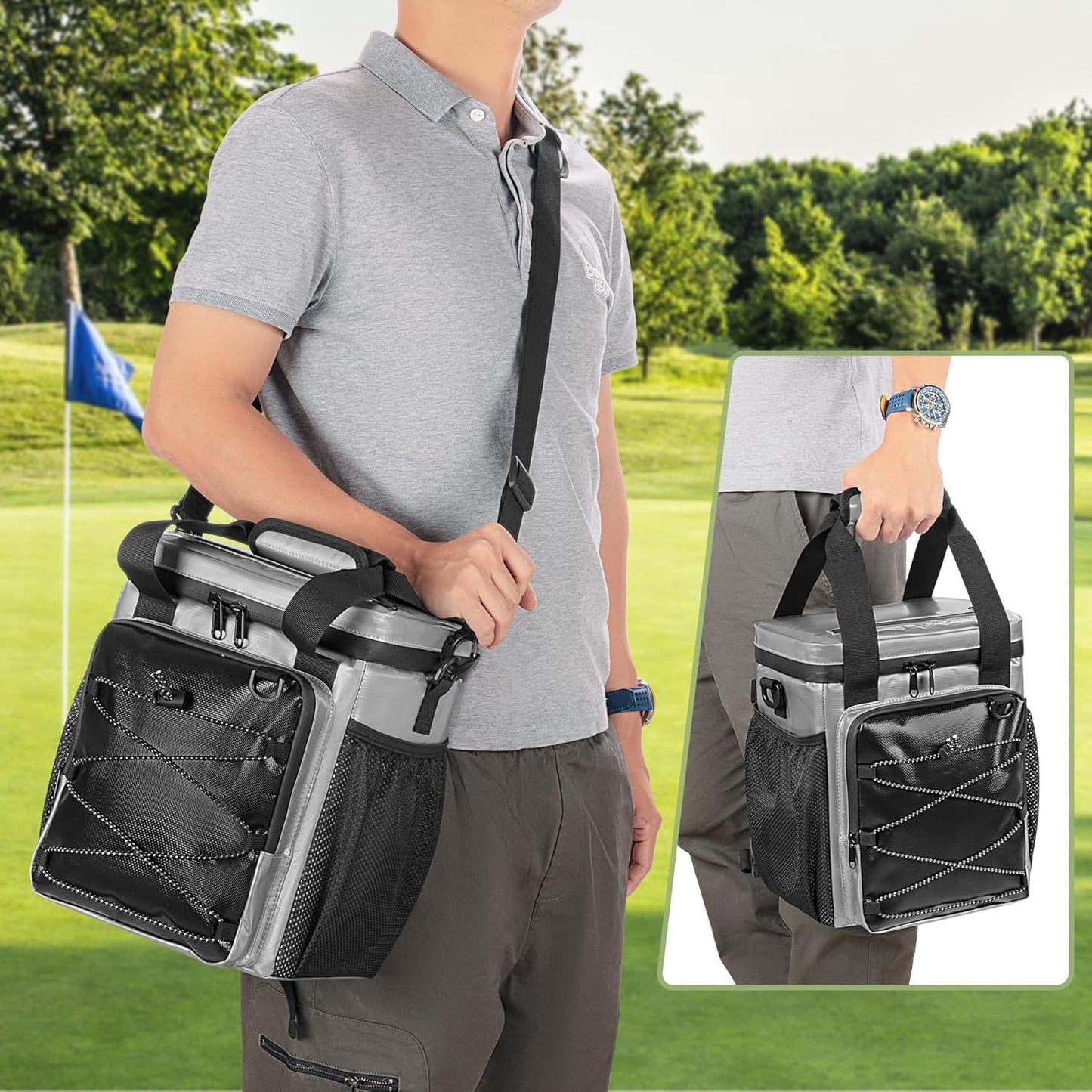 Insulated Golf Cart Cooler, 12-Can Leakproof Soft Cooler Bag Suitable for Golf Push Cart