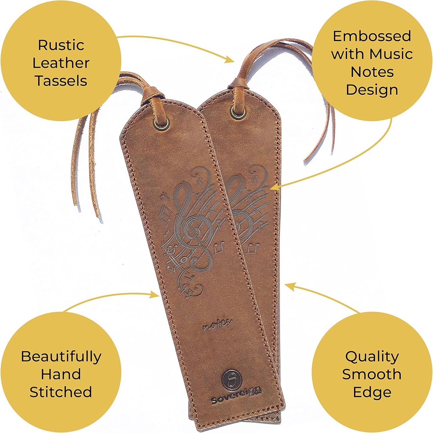 Leather Bookmarks for Men and Women | Quality Mens Bookmark with Music Notes | 2 Smooth Handmade Leather Book Markers for Men Women Book Lovers Readers (7x2) Leather Gift | Sovereign-Gear