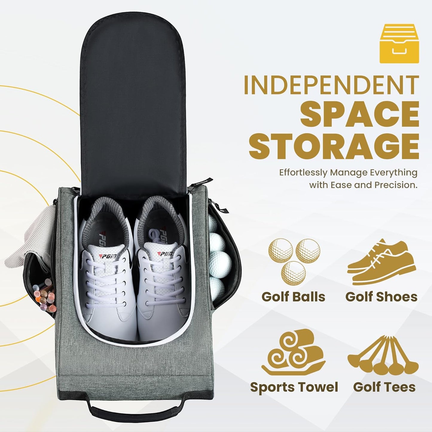 Golkcurx Golf Shoe Bag for Travel Zippered Sport Shoe Carrier Bags with Side Accessory Pockets for Socks, Tees, Golf Balls（Grey）