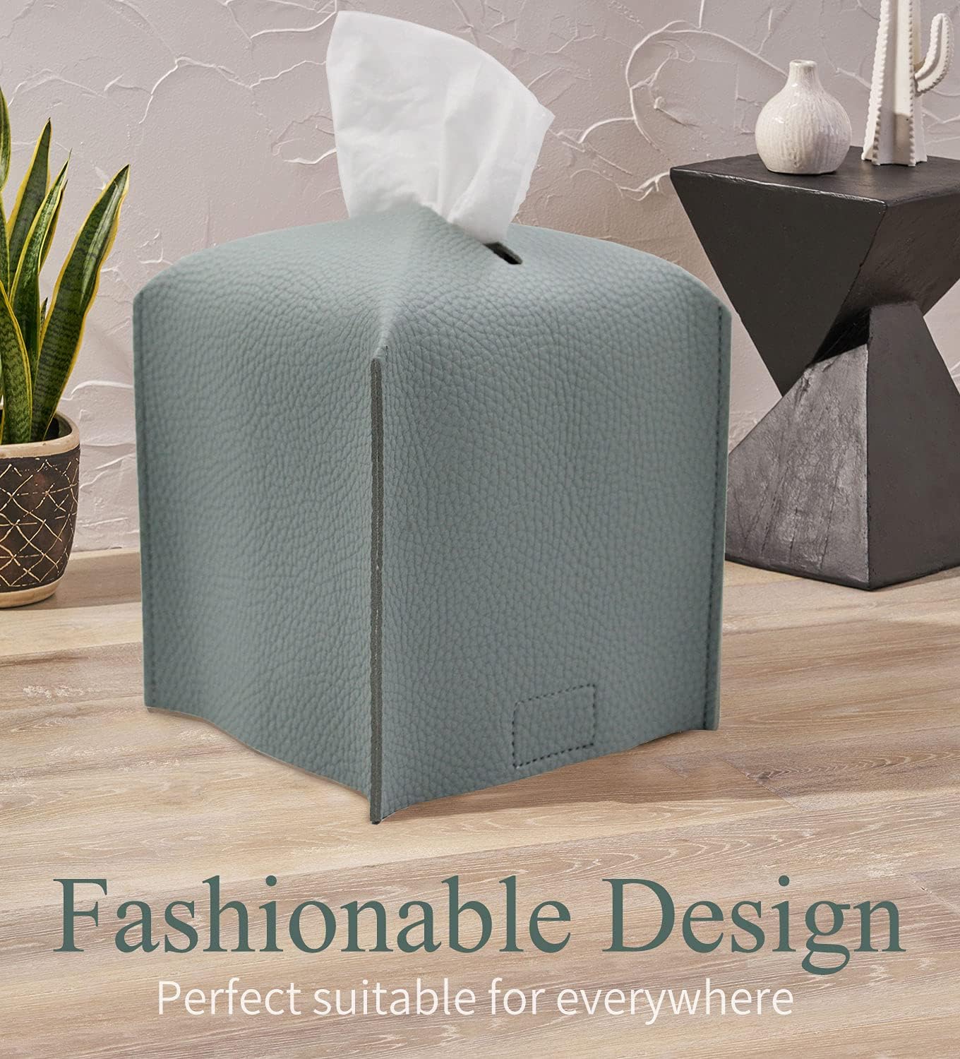 Livelab Tissue Box Cover Holder, Square Modern Decoration PU Leather Facial Tissues Case Roll Paper Dispenser for Bathroom Vanity Countertop, Night Stands, Office Desk Car 5X5X5'' | Water Blue