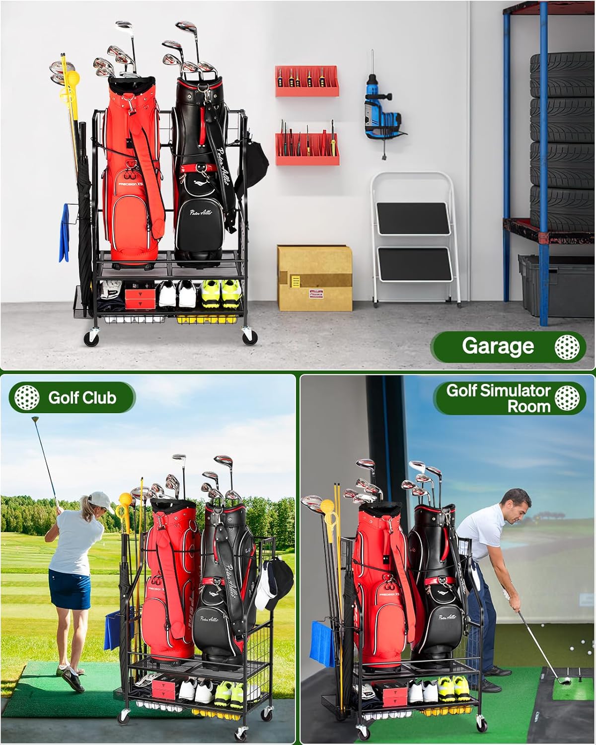Golf Bag Storage Garage Organizer - Golf Bag Stand Fit for 2 Bag, Extra Clubs, Balls, Shoes, and Golf Equipment Accessories, Golf Storage Rack for Garage, Club, Shed